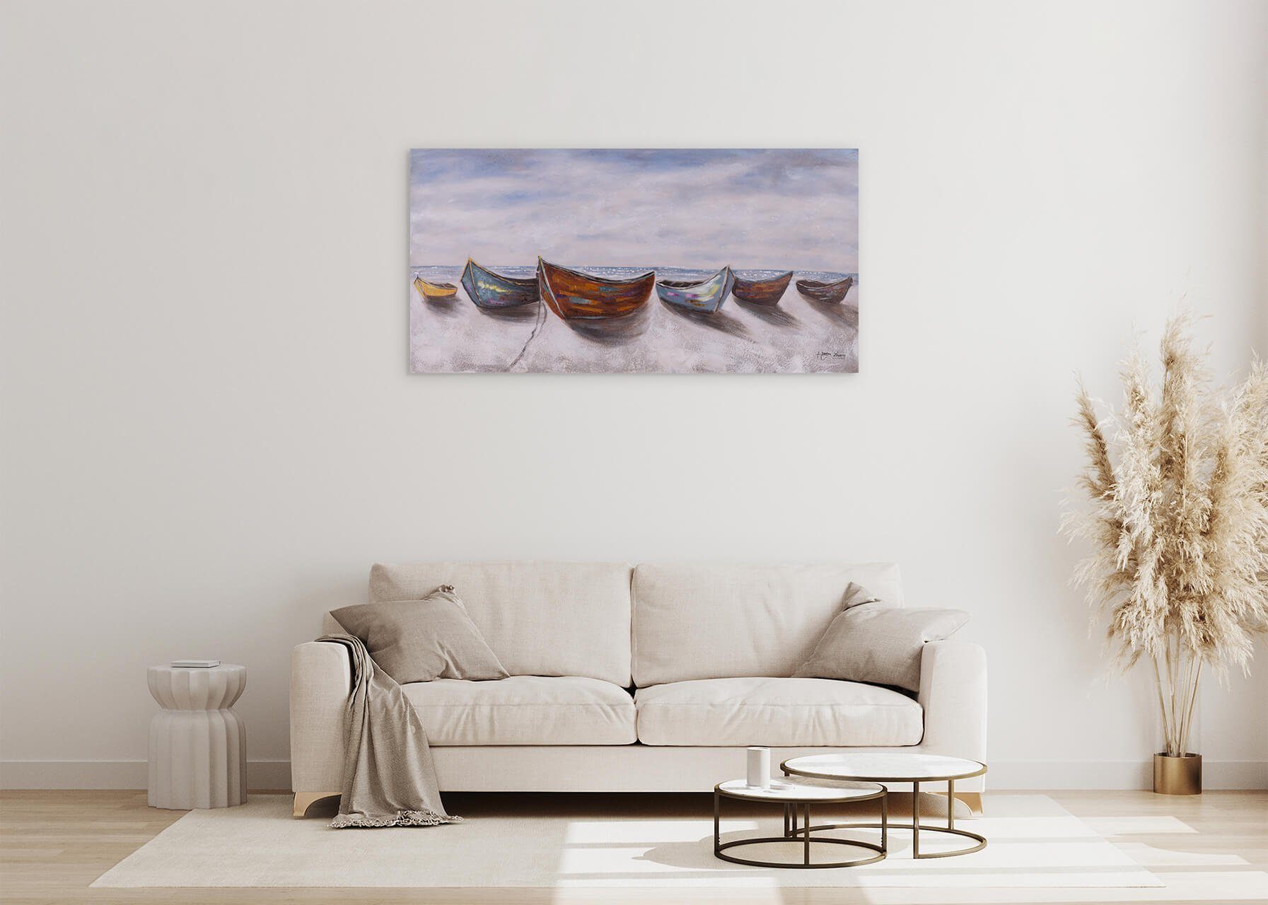 KUNSTLOFT Gemälde Boote der HANDGEMALT 100% Leinwandbild cm, 120x60 Wohnzimmer Wandbild Fischer
