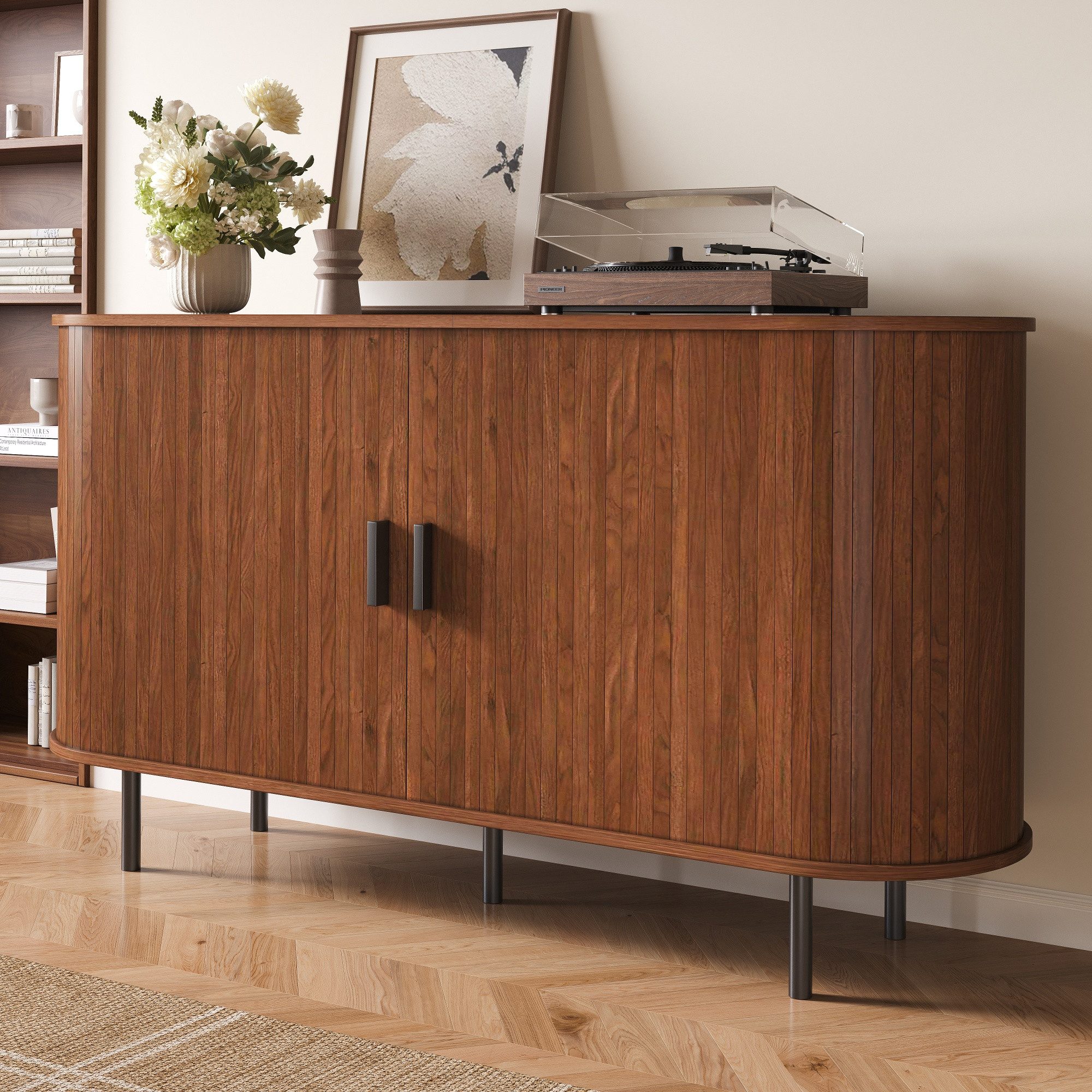 Merax Sideboard mit 2 Schiebetüren, 4 Innenfächern & offenen Seitenregalen (1 St., 140Lx40Bx75Hcm), Kommode mit schwarzen Metallfüßen & vertikaler Rillenoptik