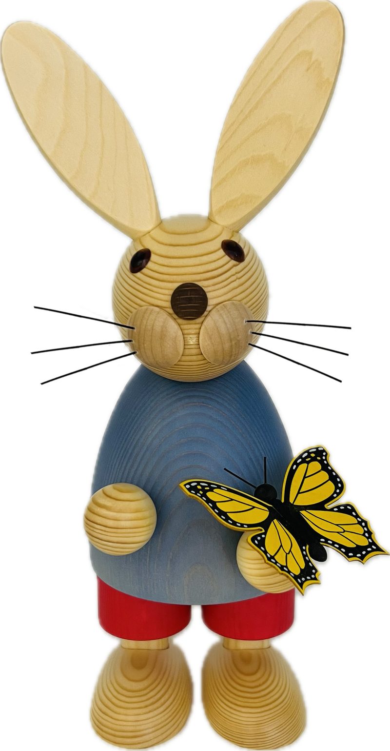 Richard Glaesser Osterhase blau mit Schmetterling (32cm), Hase aus Holz (Osterdeko), Handwerkskunst original Erzgebirge