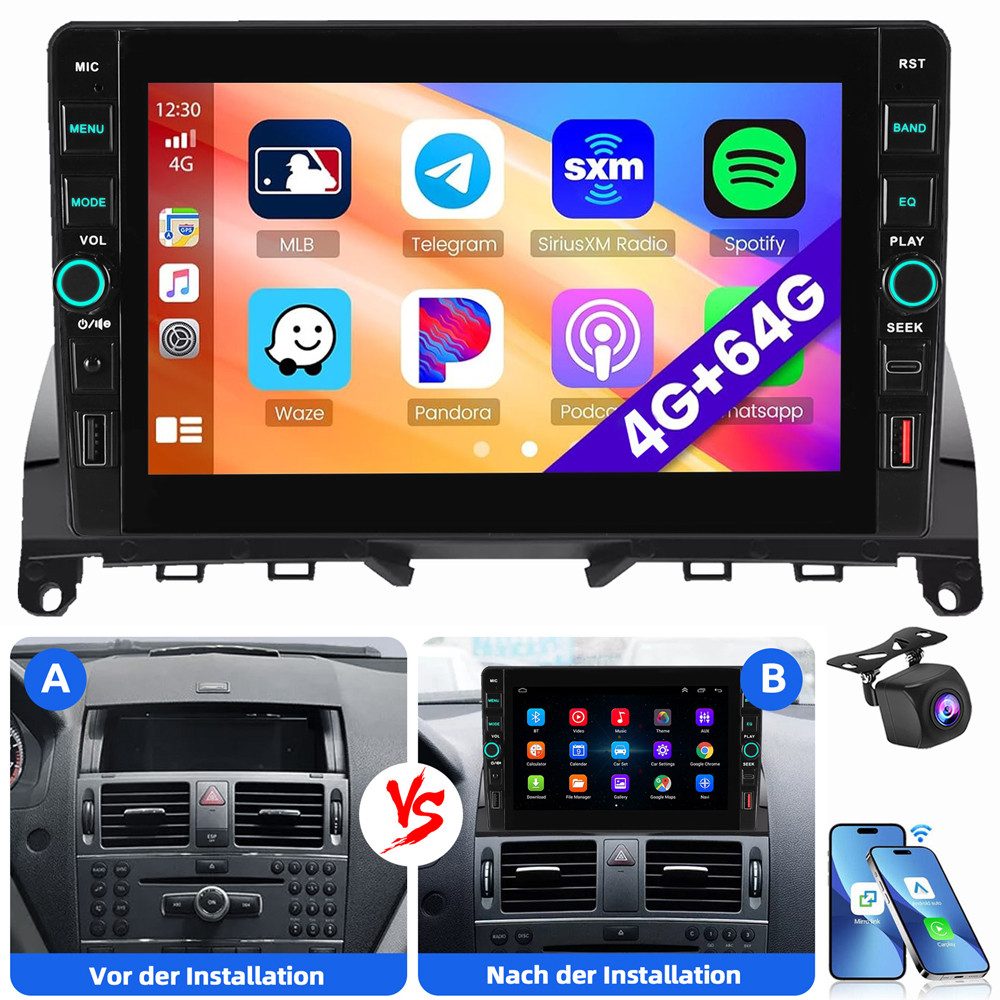ESSGOO Für Mercedes Benz C-Klasse W204 S204 2008-2010 Android 15 Carplay Autoradio (RDS, Digitalradio (DAB), FM, AM)
