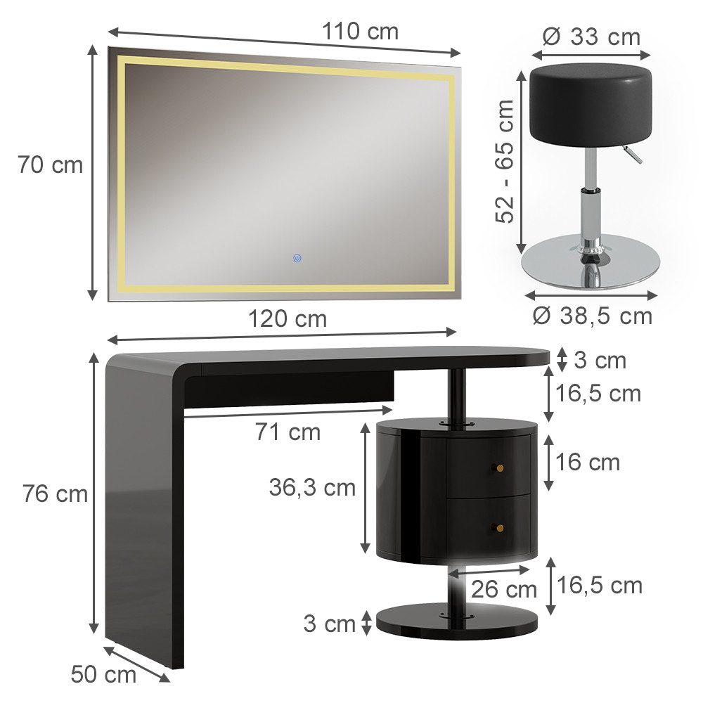 Vicco Schminktisch Lara, Schwarz Hochglanz, 120 cm mit LED-Spiegel und Hocker (3-St)