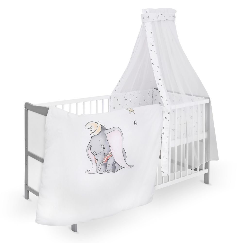jonka Babybett Moritz - BW Dumbo - Weiß Grau, Set inkl. Bettwäsche, Himmel & Matratze 70x140 cm mit Schlupfsprossen