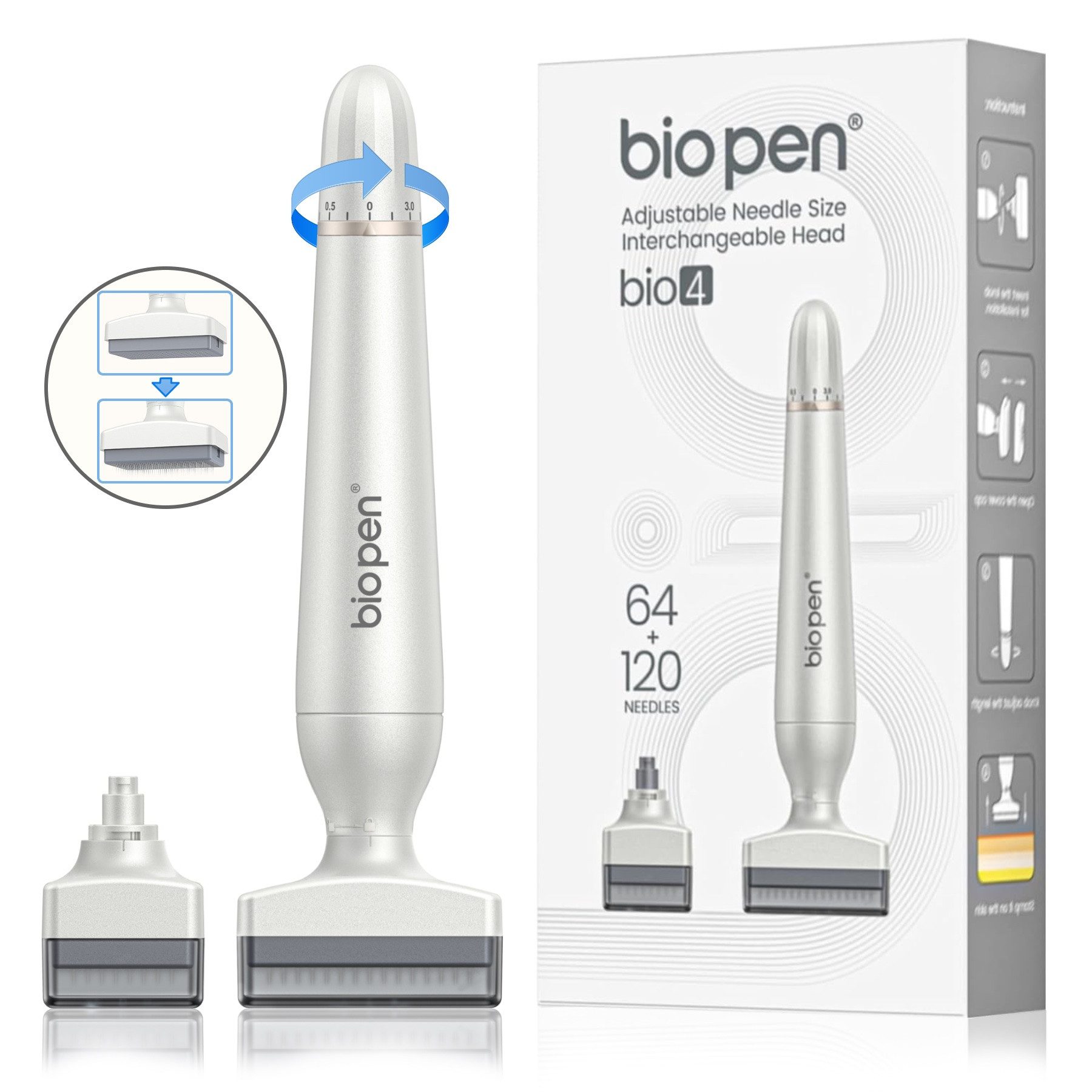 P-Beauty Cosmetic Accessories Dermaroller Derma Stamp Bio Pen 4 Dermapen 2 Aufsätze Edelstahl Nadeln 0-3mm, 1-tlg., Derma Stamp, Dermapen, Meso, Microneedling