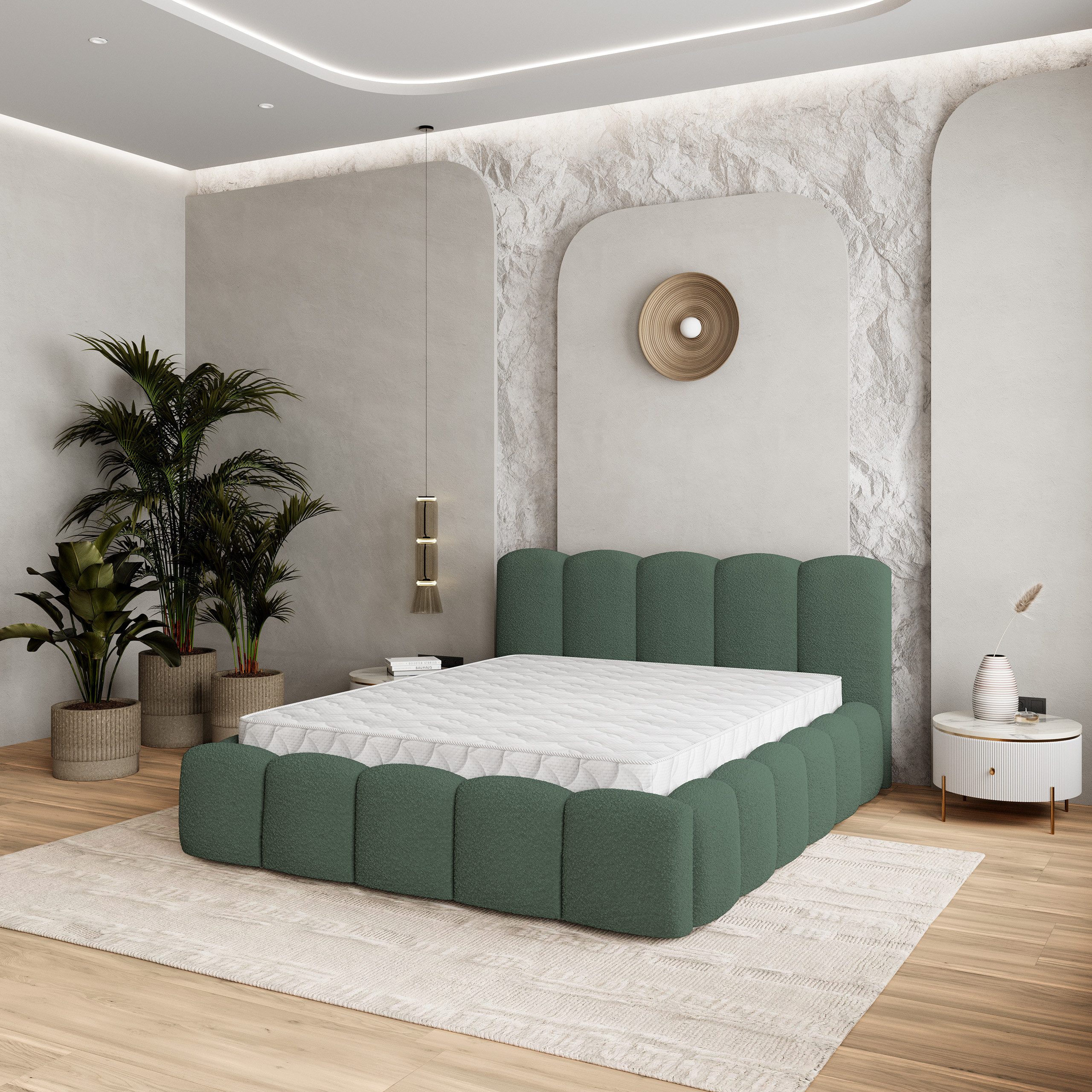 Masseno Polsterbett FALINA 200x200 cm grün (mit Bettkasten und Lattenrost)