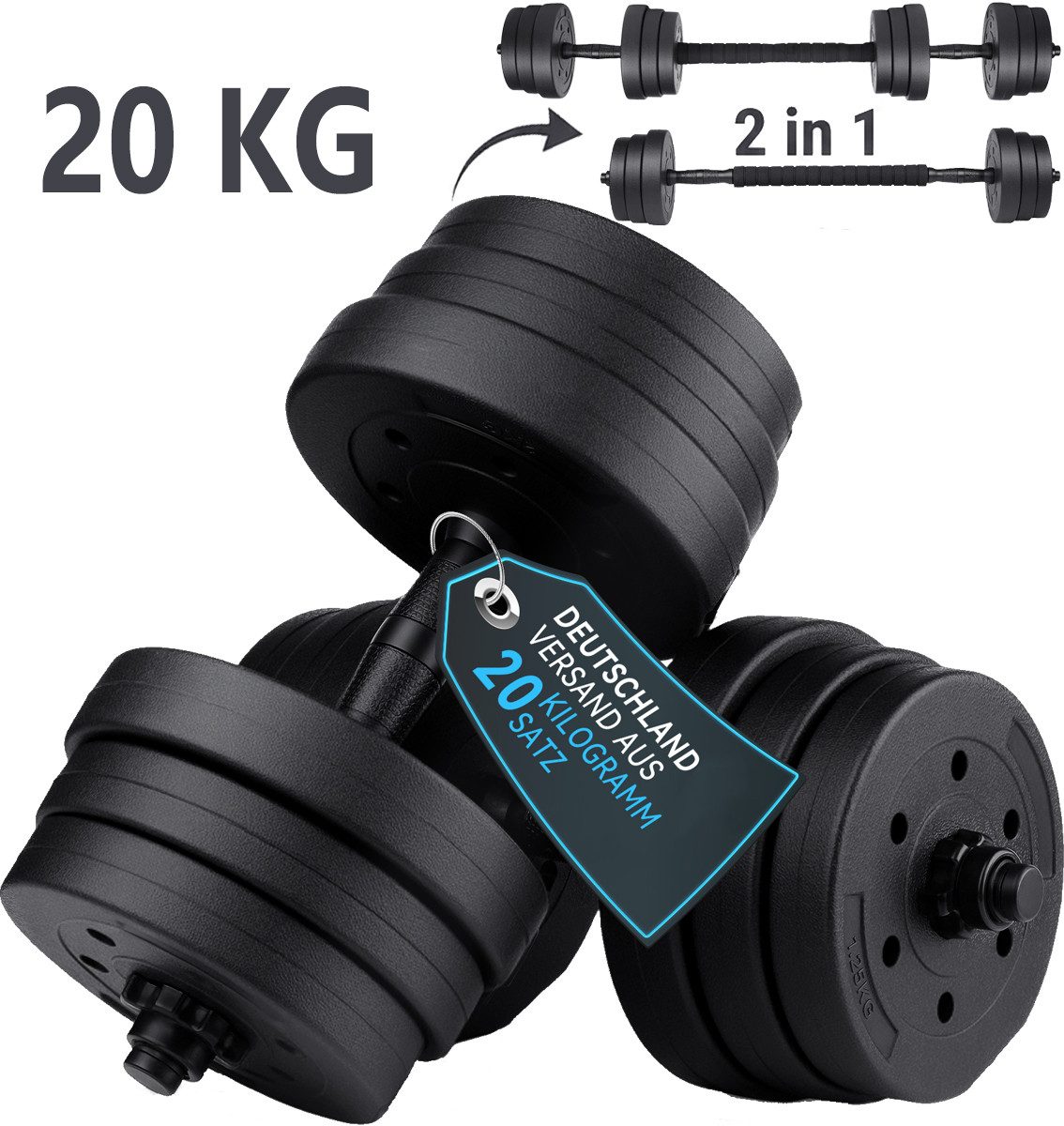 kehot Hantel-Set Hantelset 20kg Verstellbar Kurzhantel für Zuhause, (2-in-1 Kurzhantel & SZ-Stange mit Verbindungsteil, 4 Verstellbare Kurzhanteln + 2 Griffe + Verbindungsstange & Muttern), PVC Zement Hantelscheiben Robust, Fitness Muskeltraining Zuhause