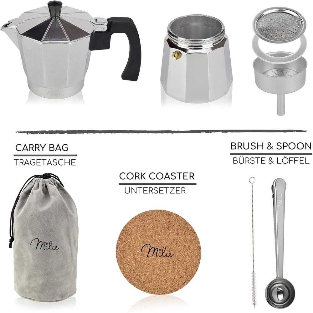 Milu Espressokocher, Mokkakanne, 6 Tassen, 300ml, Espressokanne, silber
