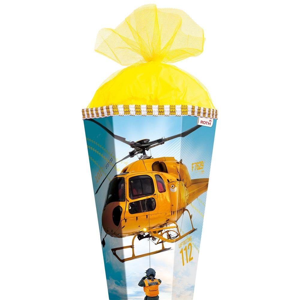 Roth Schultüte Helikopter, 85 cm, eckig, mit gelbem Tüllverschluss, Zuckertüte für Schulanfang