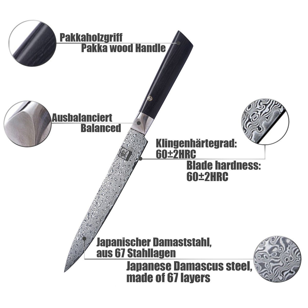 ZAYIKO Damastmesser Damastmesser Pakkaholz BLACK - VG-10 EDITION Stahlkern Fleischmesser