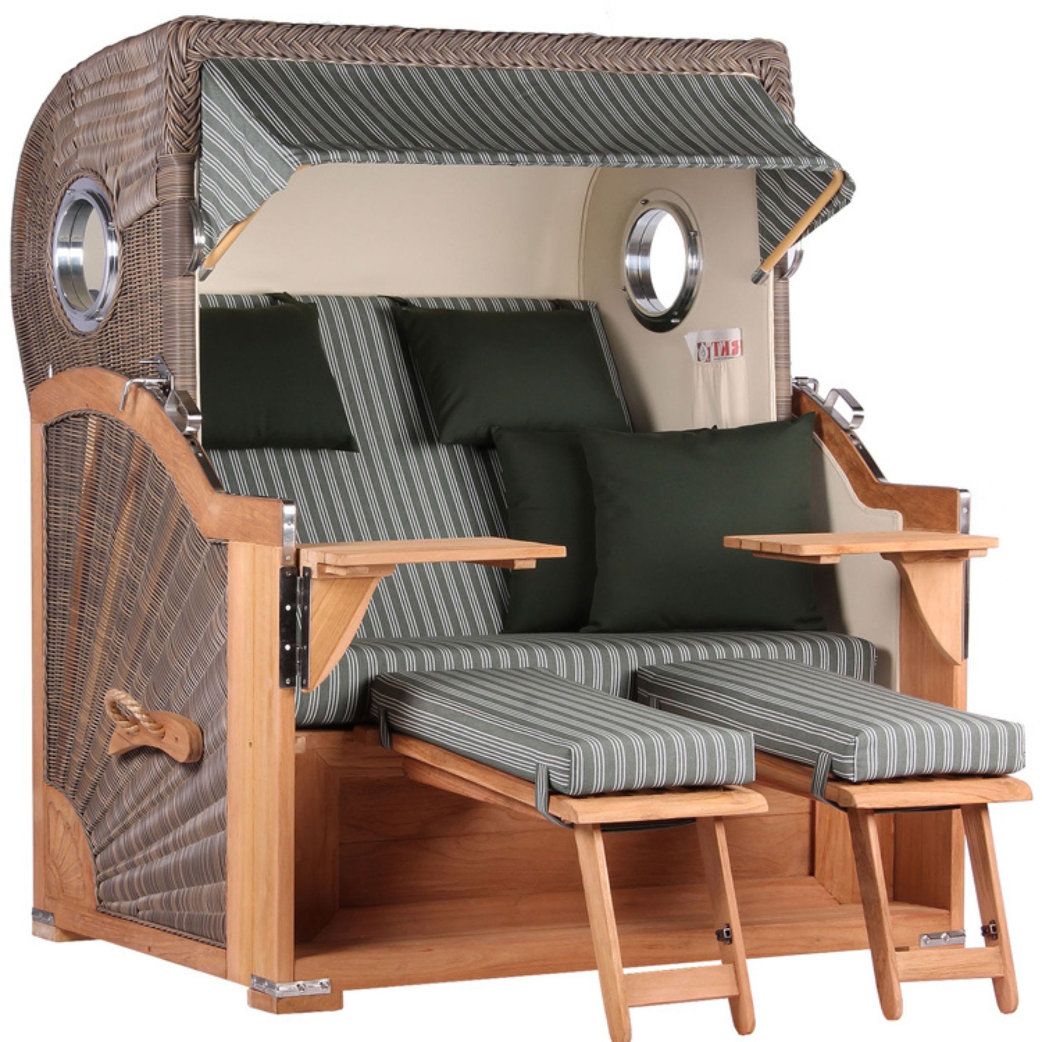 MR.DEKO Strandkorb XXL Baltikum 2,5-Sitzer Bullauge Teak PE Grey 142x170x95, BxTxH: 142x95x170 cm, Volllieger, Baltikum, (Wetterfester 2,5-Sitzer Strandkorb für Garten, Terrasse & Balkon), Volllieger mit Stauraum, Bullaugen & Edelstahl – komplett montiert