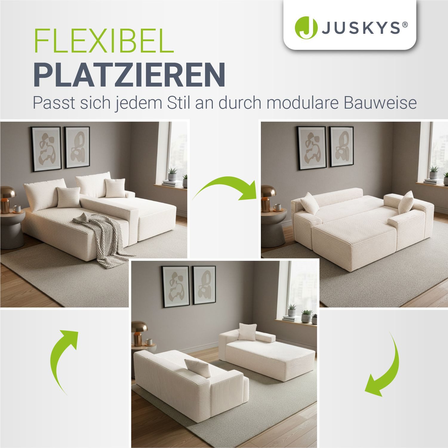 Juskys Ecksofa Coredo, Ecksofa, mit Rücken- & Dekokissen, Cordbezug, Modular platzierbar