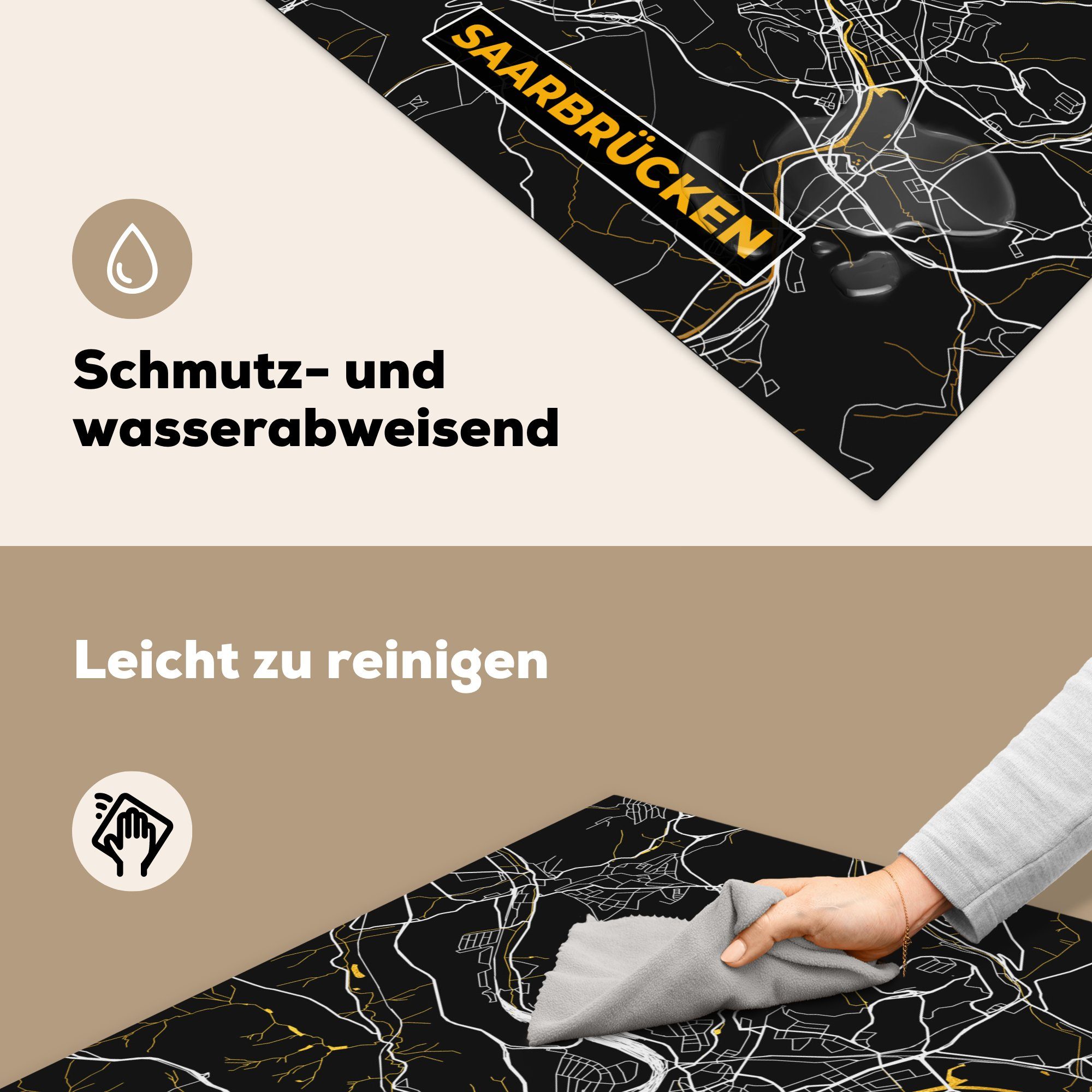 (1 - Karte, Arbeitsplatte Vinyl, Saarbrücken küche tlg), - Deutschland - cm, Schwarz MuchoWow und Herdblende-/Abdeckplatte 78x78 für - Ceranfeldabdeckung, Stadtplan Gold