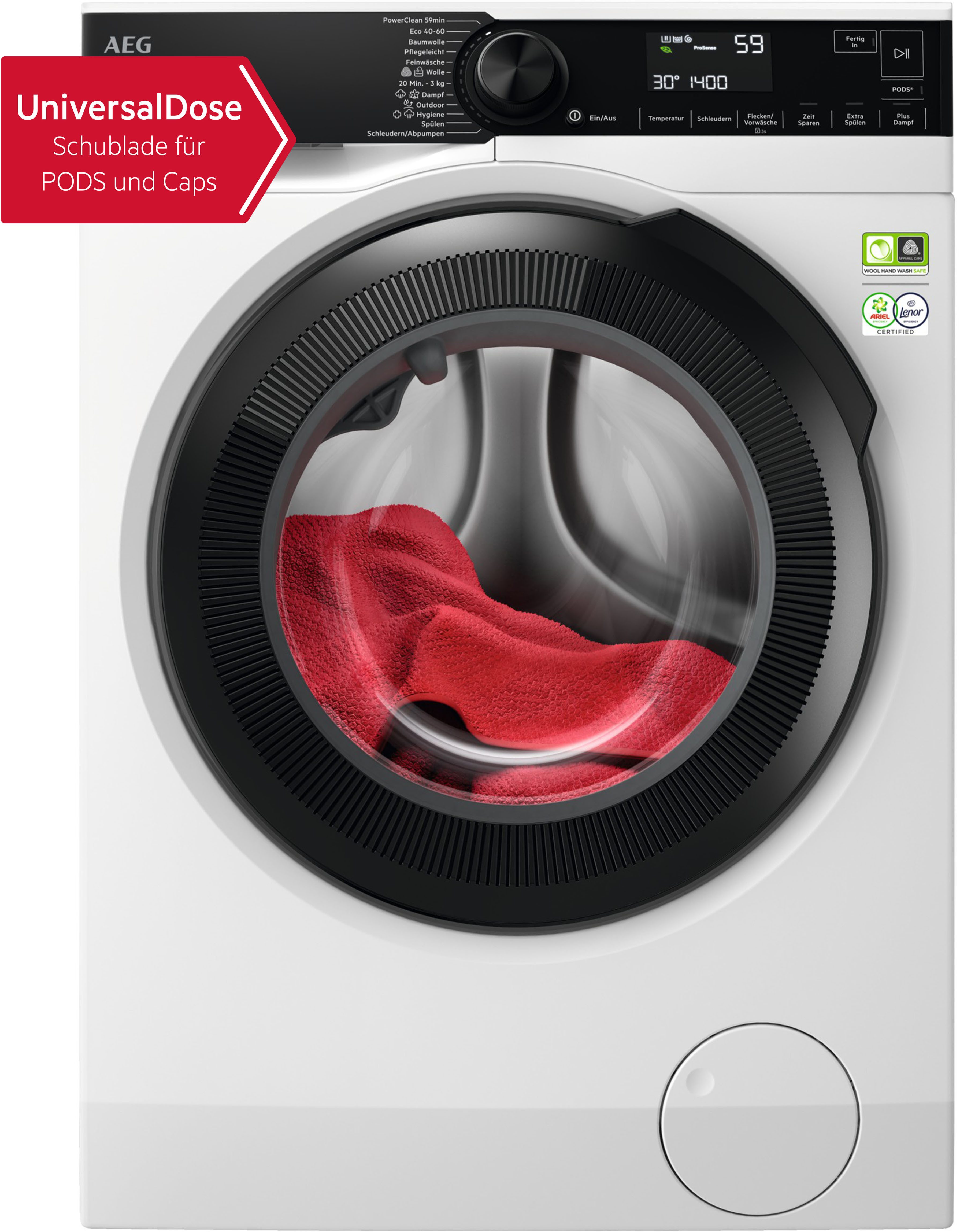 AEG Waschmaschine Serie 8000 LR8EG75480, 8 kg, 1400 U/min, UniversalDose: löst PODS®/Caps 60 % schneller auf für beste Reingung