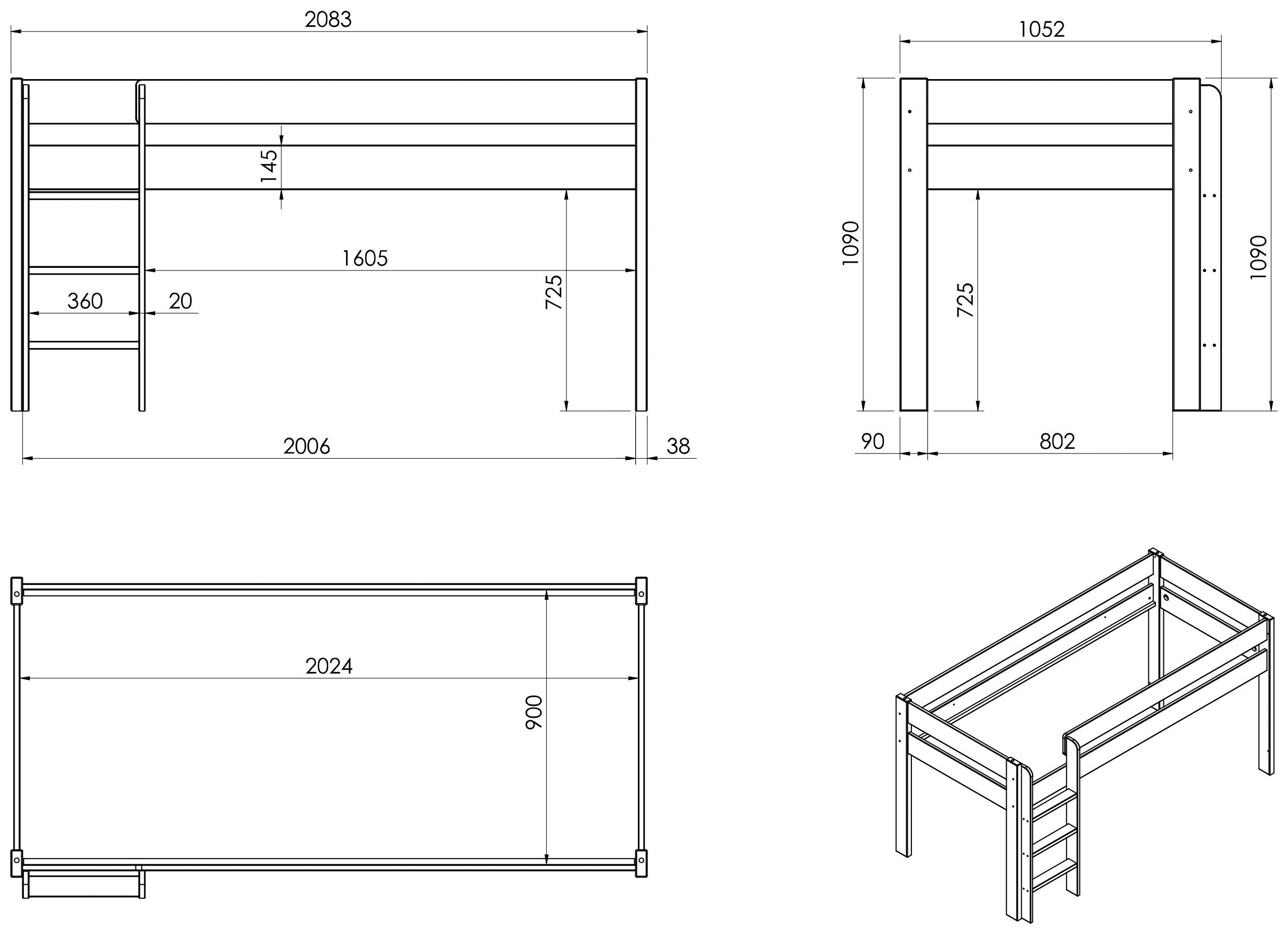 OTTO home Hochbett "ROBIN " Massivholz, viel Stauraum, seitenverkehrt montierbar (4-tlg), inklusive Schreibtisch und zwei Kommoden