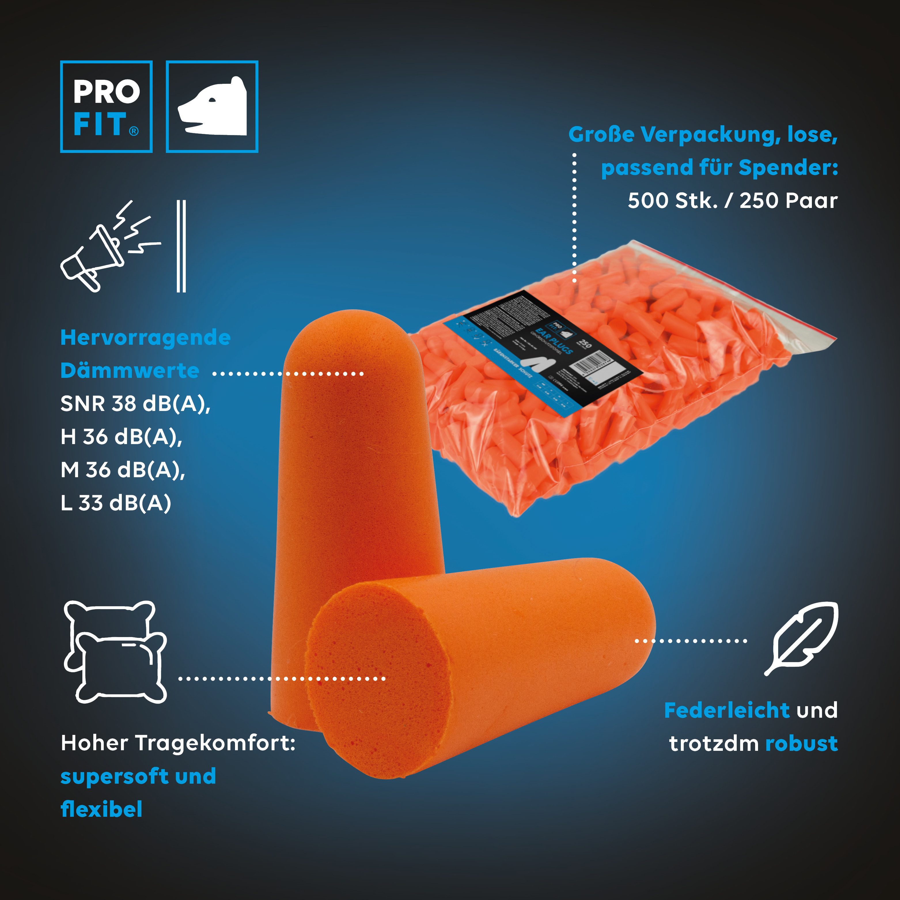 PRO FIT Gehörschutzstöpsel aus Soft-PU, Earplugs zur Geräuschdämmung, hervorragende Dämmwerte, SNR 38 dB(A), hoher Tragekomfort, konische Form, 250 Paar