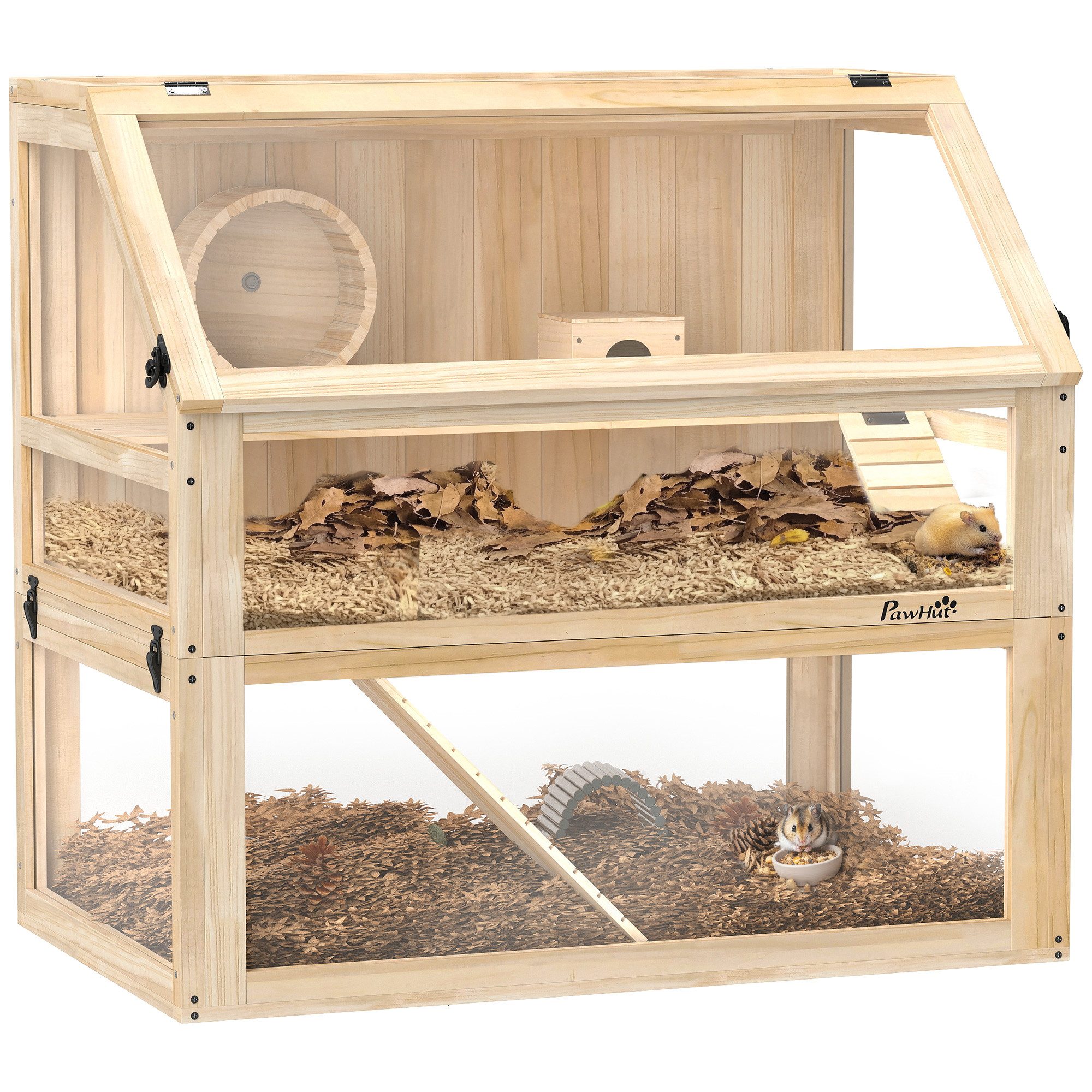 PawHut Kleintierkäfig aus Holz, 3 Etagen, mit klappbarem Deckel, Laufrad, für Hamster, Zwerghamster, 80 x 50 x 76 cm Naturholz