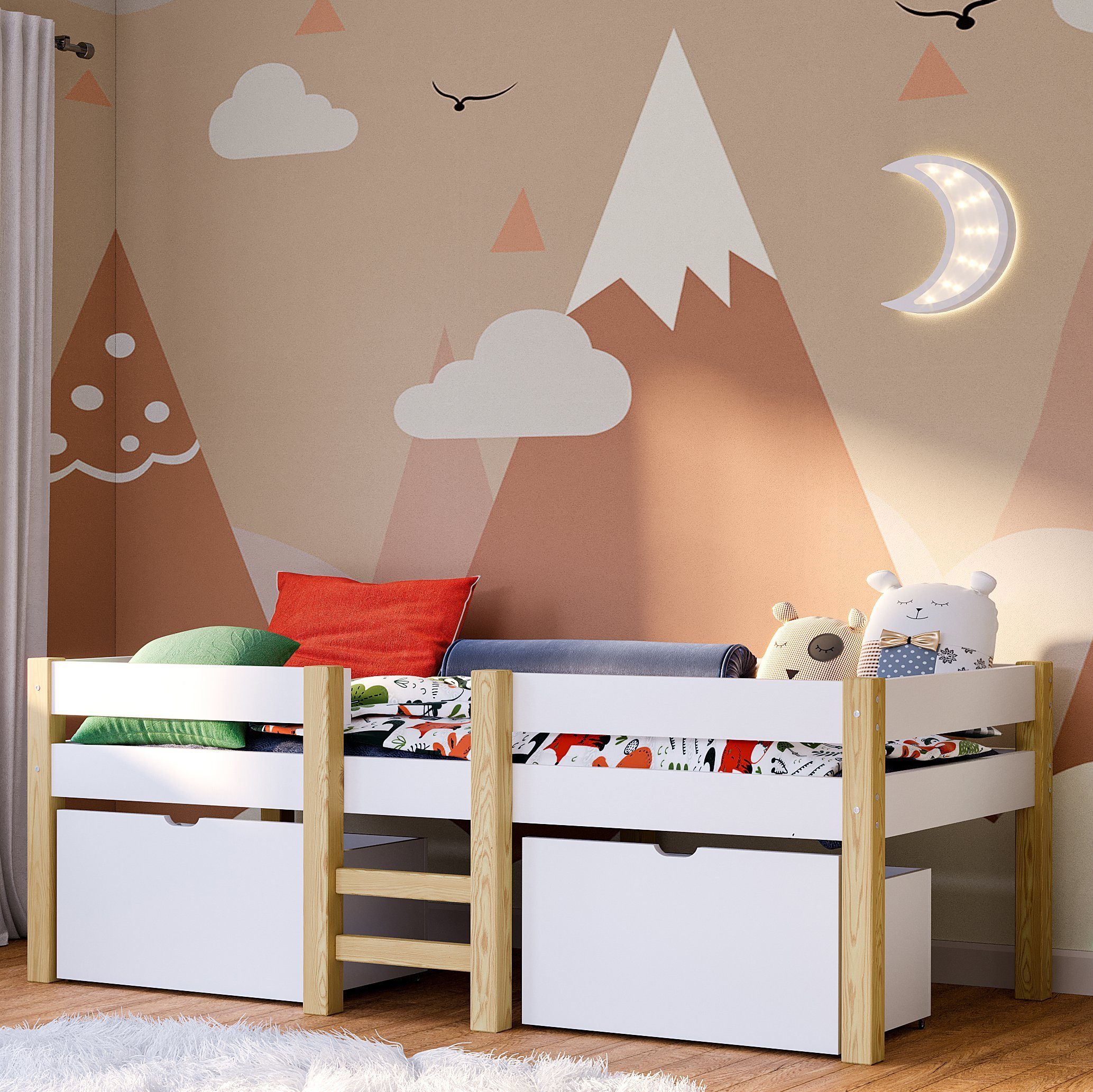 Bellabino Hochbett Aspy (Halbhochbett inkl. Lattenrost und 2 Schubladen) 90 günstig online kaufen