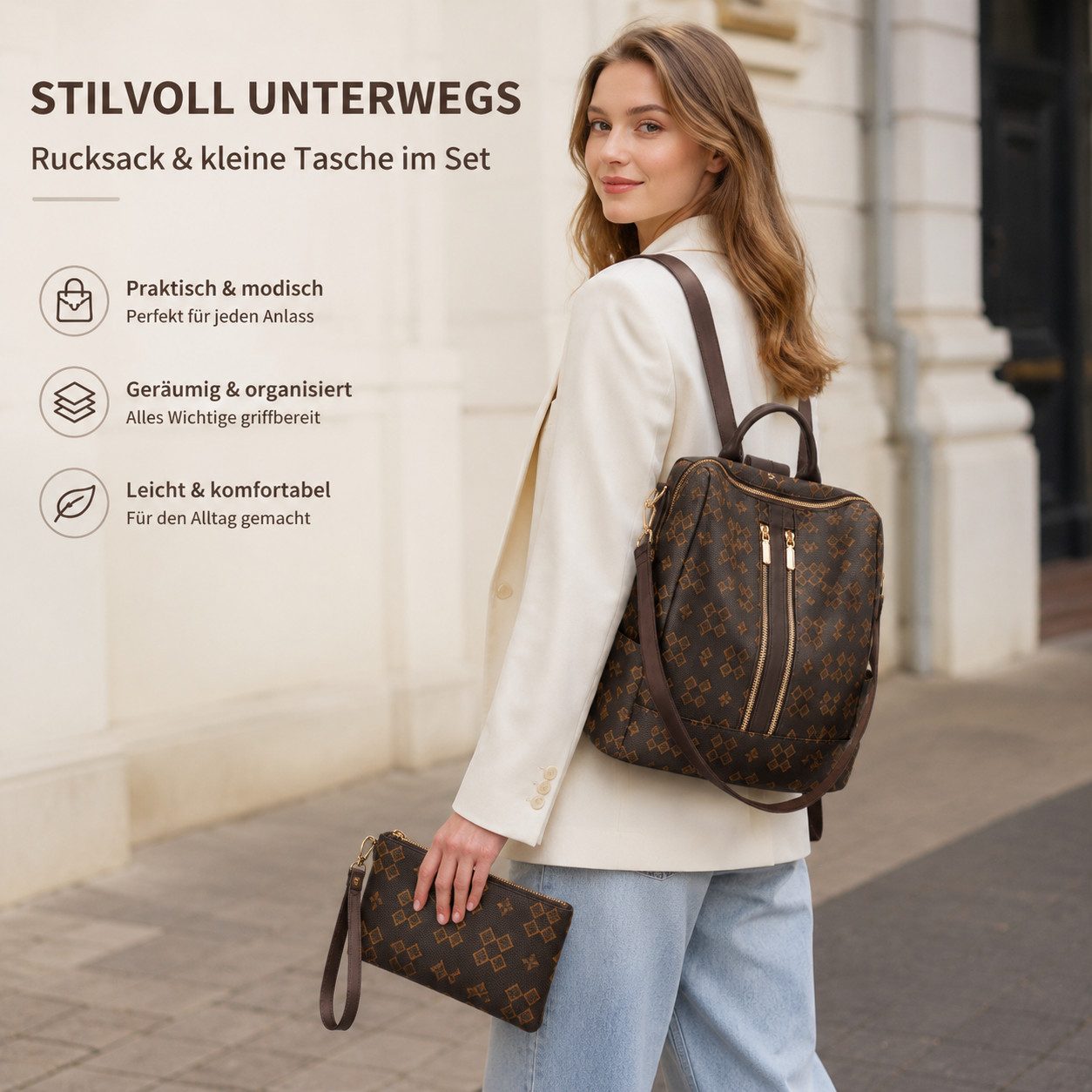 Fyrove Rucksack Damen Rucksack Handtasche 2 in1, Kleine Rucksacktasche (31*14*34cm, 2-teiliges Set, inklusive kleiner Tasche), PU Leder, City Rucksack mit vielen Fächern,abnehmbarem Schultergurt