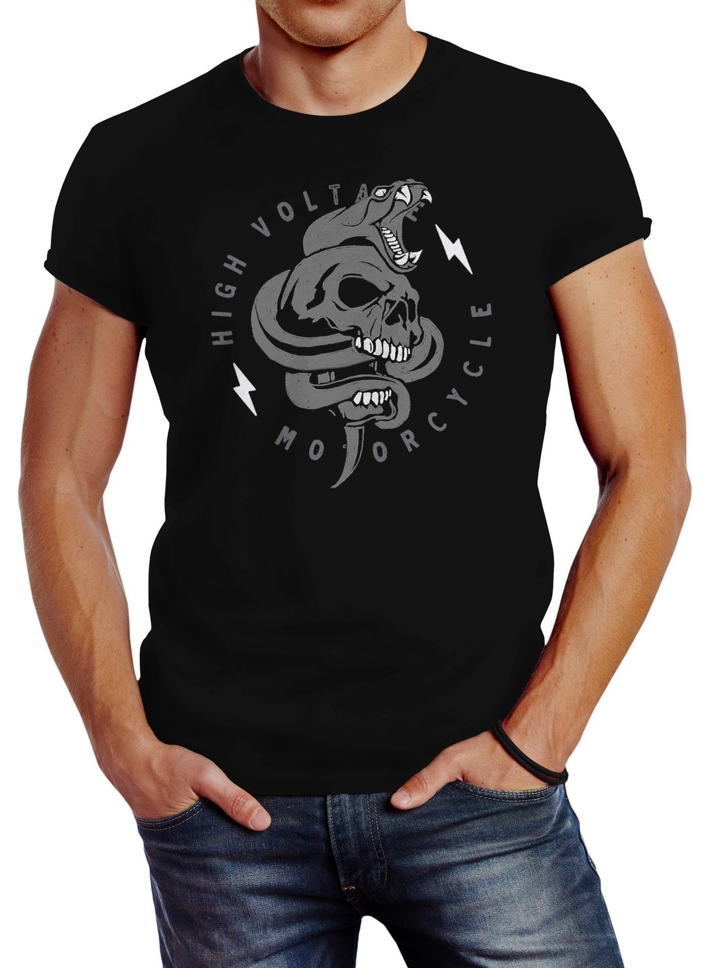 Neverless Print-Shirt Herren T-Shirt Totenkopf Print Kobra Motiv High Voltage Motorcycle mit Print