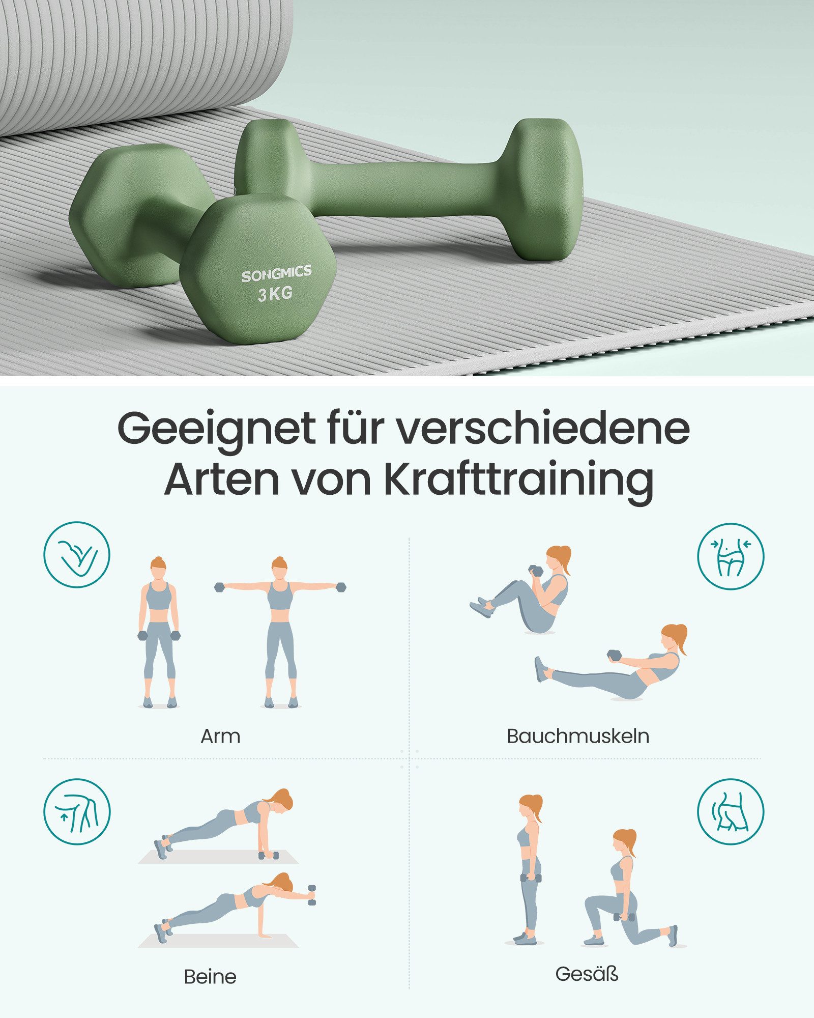 SONGMICS Kurzhantel Set, Hexagon, 2 x 1 kg, 2 x 3 kg, 2 x 5 kg, Krafttraining, zu Hause, mattes Finish, Neopren-Beschichtung, hellgrau, efeugrün, weinrot