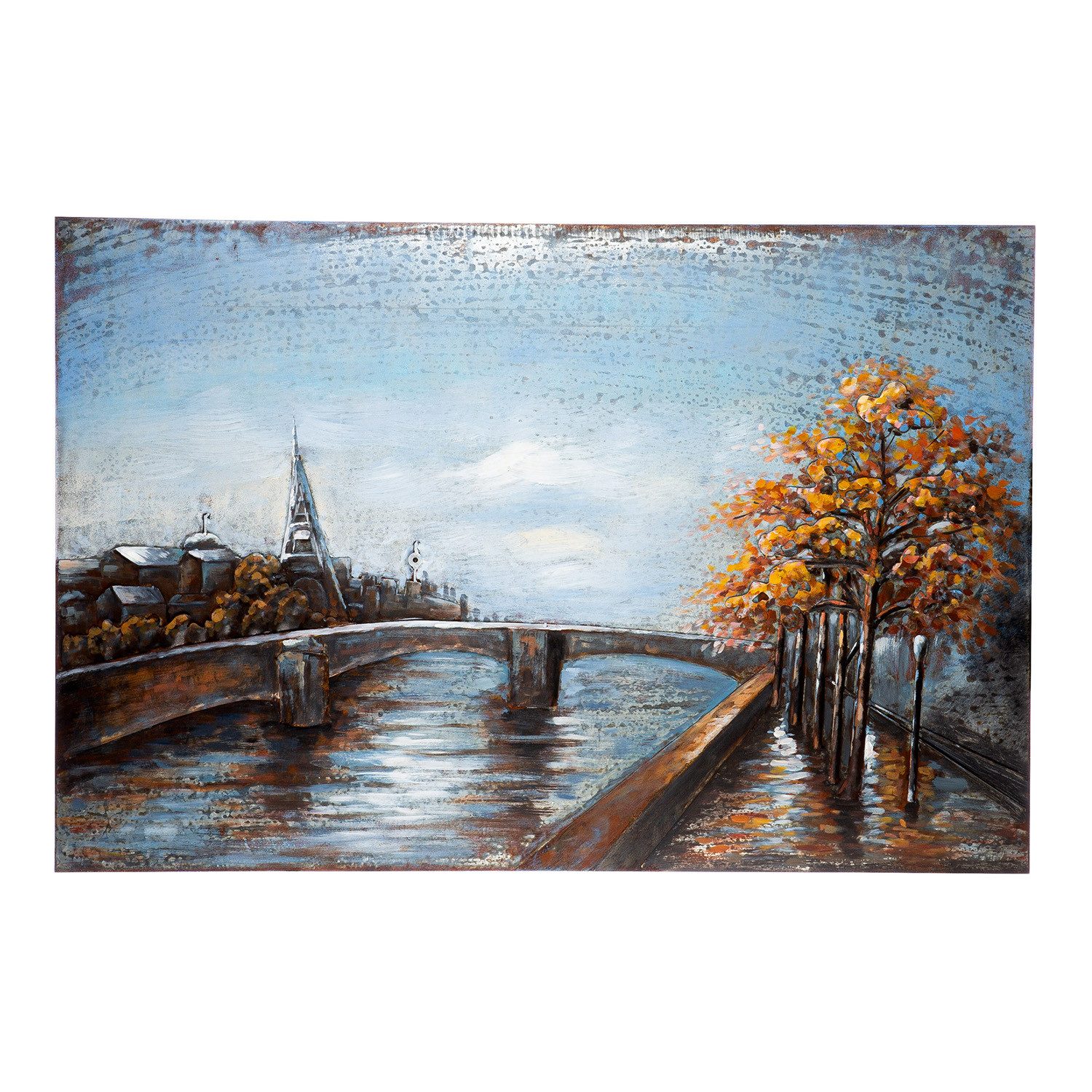 GILDE Bild RIVIÈRE Bild - blau - Metall - H.80cm x B.120cm - Flussbild mit Brücke, (1xBild), Dekoration - Wohnzimmer Изображения - Wandbild Modern