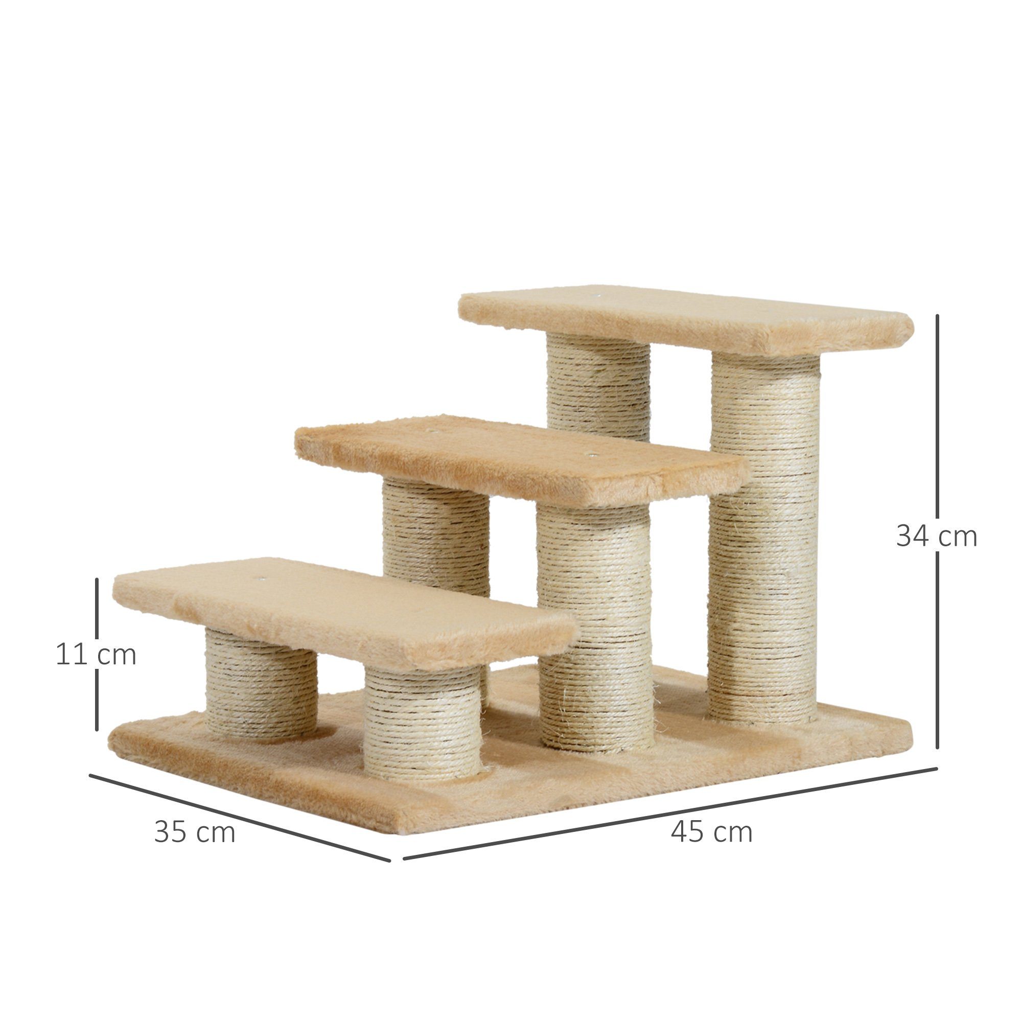 PawHut Kratzbaum Tiertreppe Katzentreppe Hundetreppe 3 Stufen Treppe, Plüsch, Creme, 45 x 35 x 34 cm