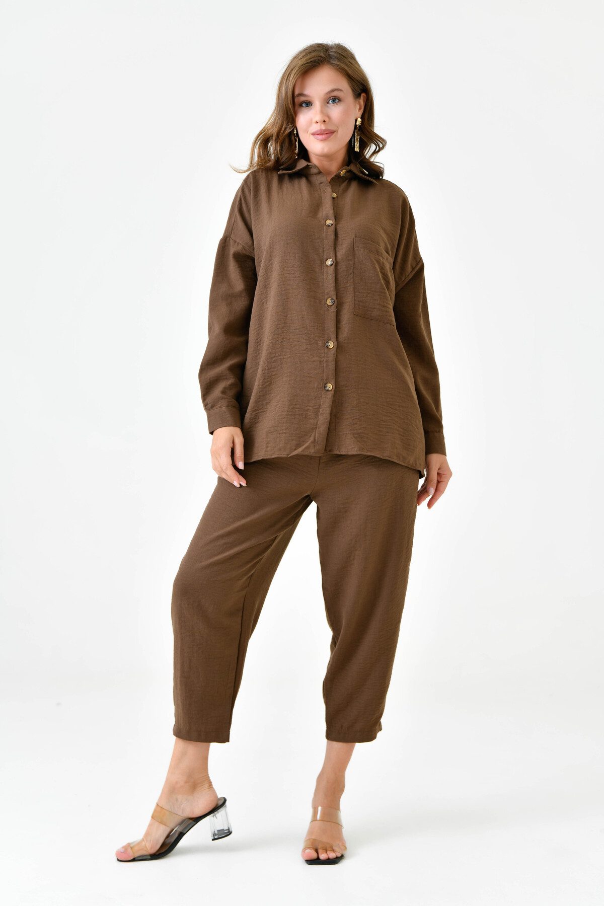 WOMAN VISION Blusentop Zweiteiliges Oversize-Set aus Hemd und Hose mit einer Tasche
