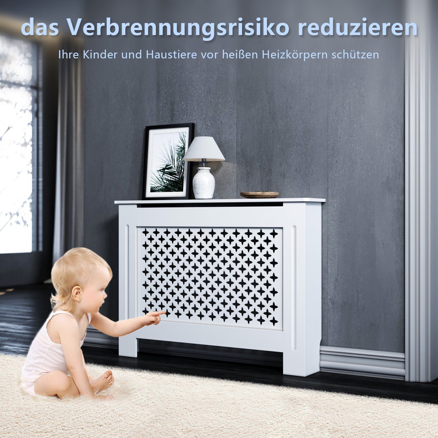 SONNI Heizungsverkleidung Heizkörperverkleidung weiß Kreuzgitter Heizkörperabdeckung, Breite: 152cm, Zubehör für Wandmontage