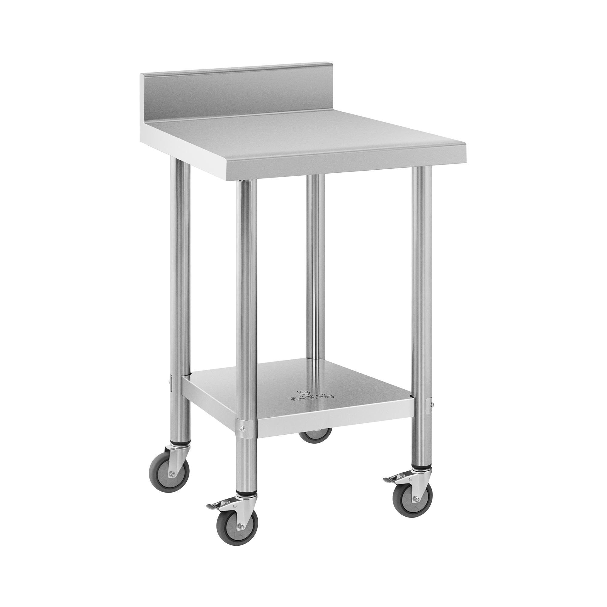 Royal Catering Arbeitstisch 60 x 60 cm Rollbarer Edelstahltisch Aufkantung Gastrotisch 120 kg, verschiedene Größen