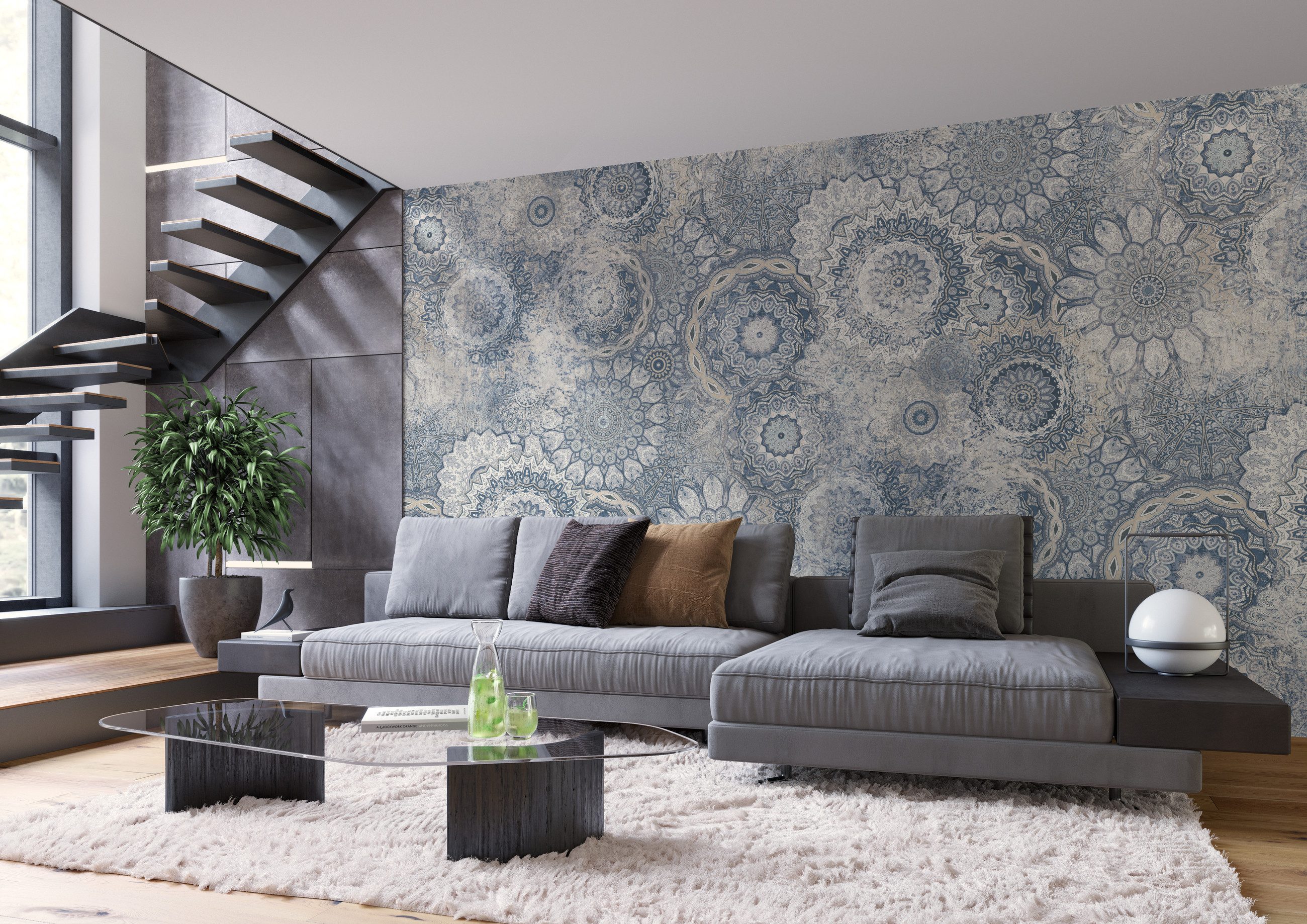 Rasch Fototapete Boho Ethno Hippie Vintage Kreise - Vliestapete Blau, bedruckt, Vintage-Optik, (1 Rolle, 1 St., Kollektion 'Magicwalls' - 2,65 m x 3,71 m), Lichtbeständige Farben - Feucht abwischbar - Restlost abziehbar