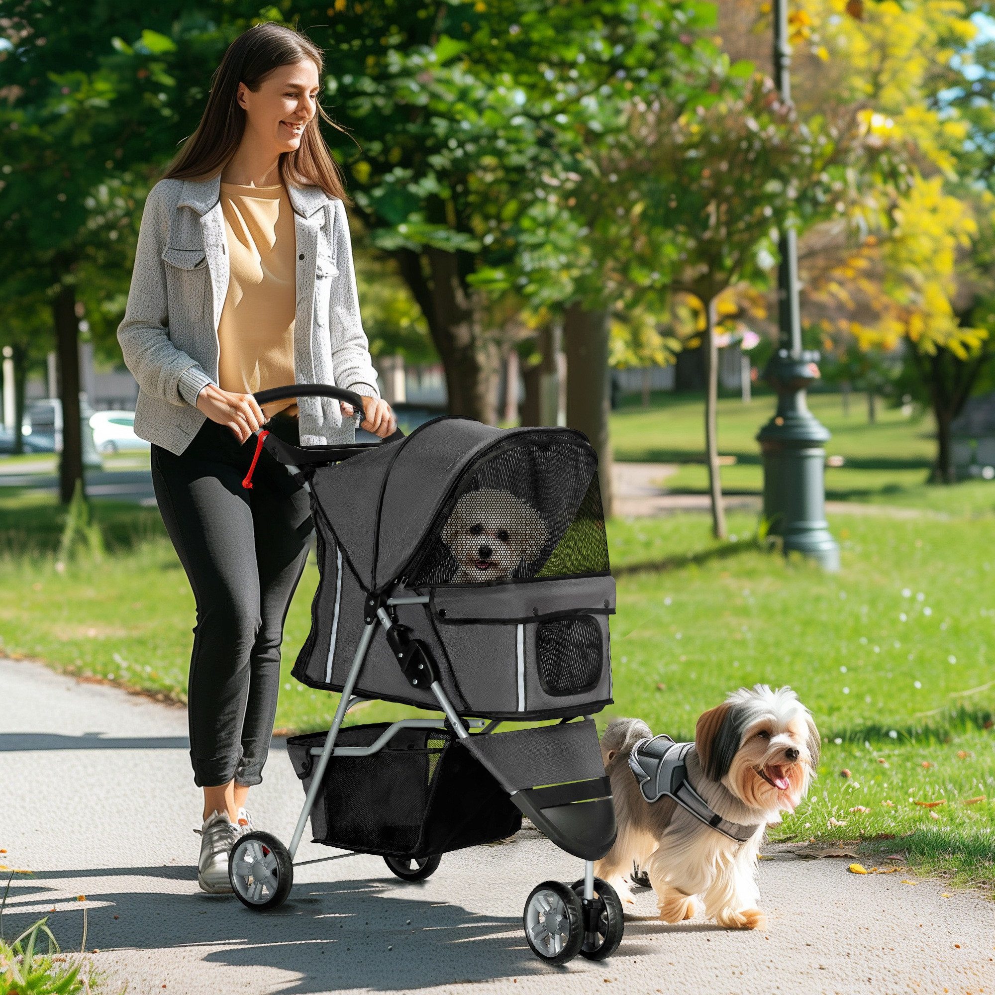 PawHut Hundebuggy Katzenwagen Haustierbuggy verstellbares Verdeck Aufbewahrungskorb, (1-tlg), für Hunde & Katzen bis 10 kg, Dunkelgrau