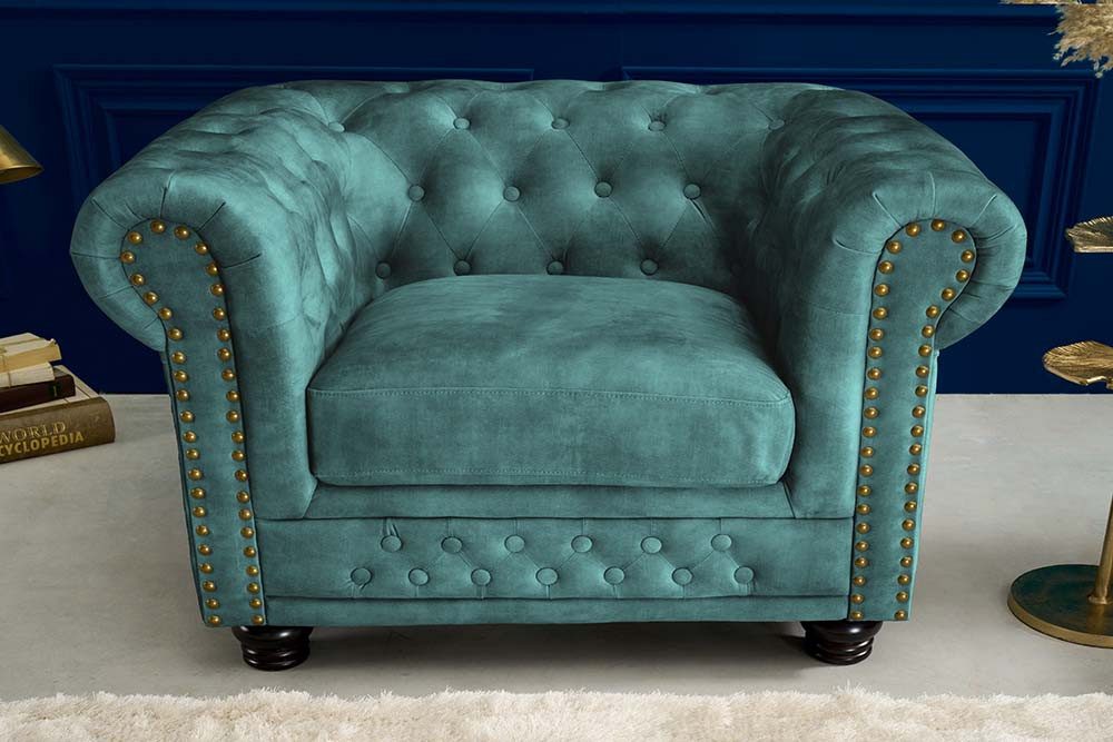 riess-ambiente Sessel CHESTERFIELD 110cm petrol - Samt, m. Armlehne, Federkern, Nieten (Einzelartikel, 1-St), Gemütlicher Sitz mit Knopfheftung - ideal für Wohn- und Schlafzimmer