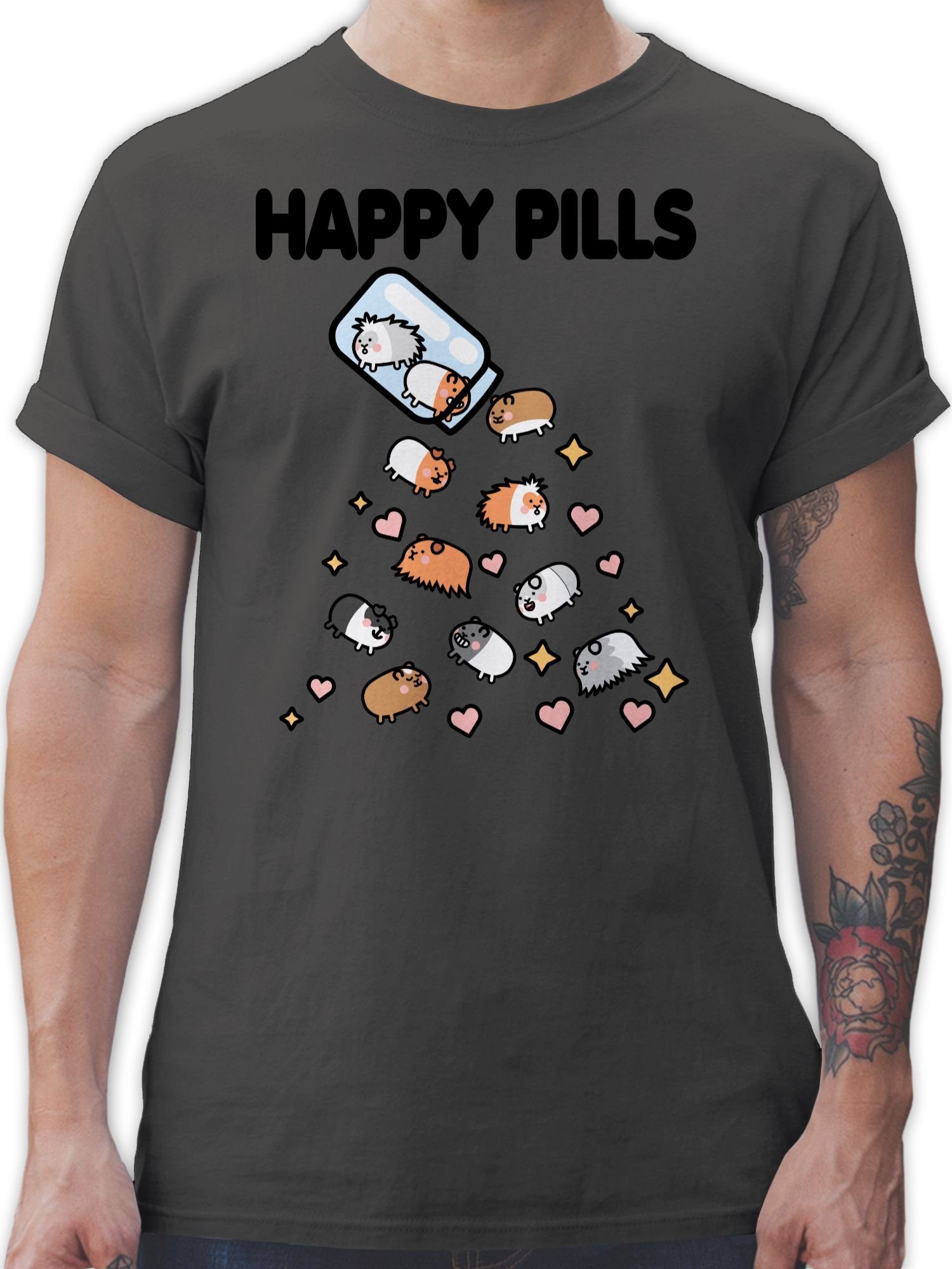 Shirtracer T-Shirt Happy Pills - Meerschweinchen Mrerschwein Tiere Zubehör 1 Dunkelgrau