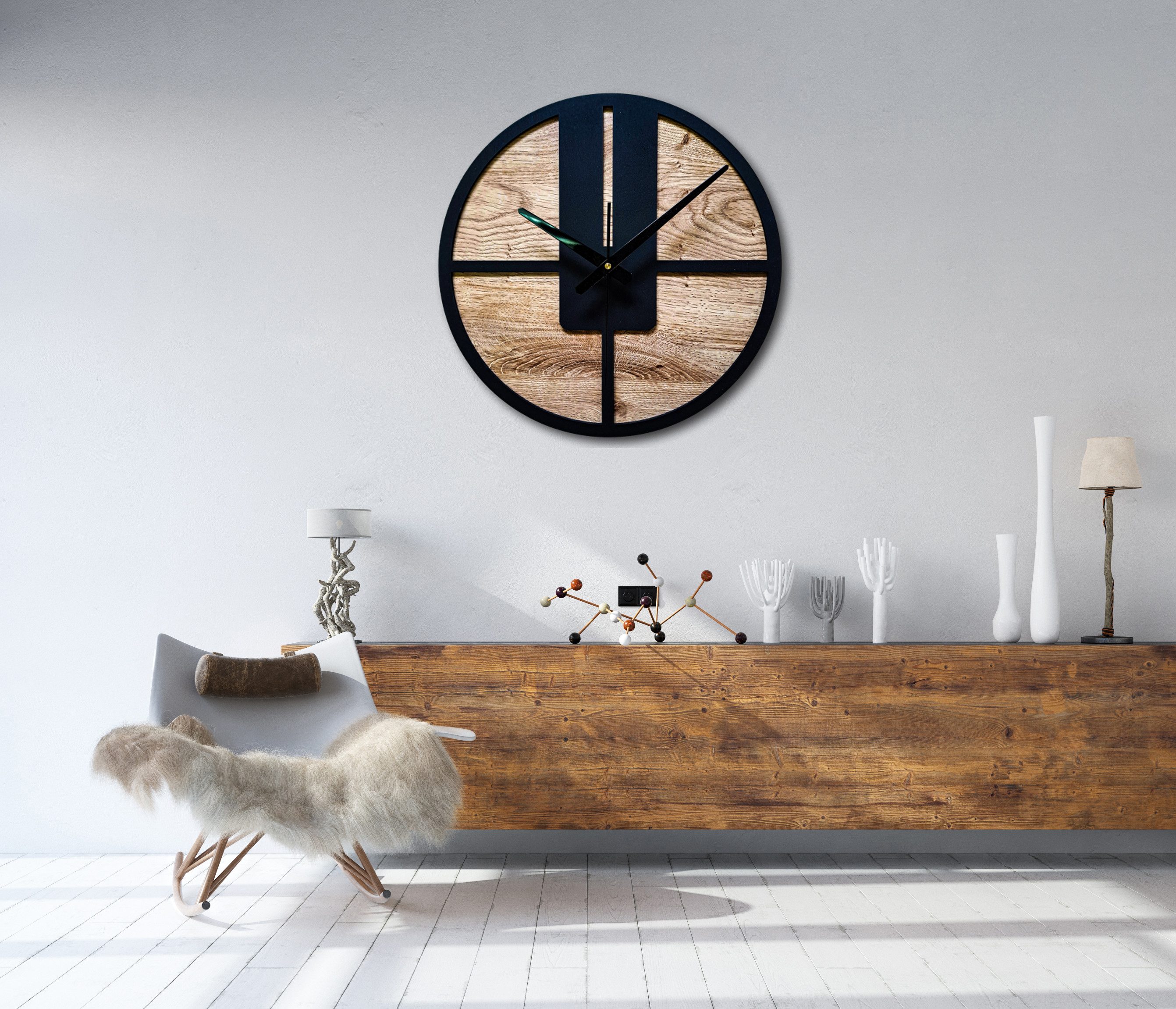 ORNAMENTI Wanduhr Große, moderne Wanduhr aus Holz, Furnier, minimalistisch, 3 Größen (ohne Ticken, Wanddeko, Holzdeko, 3 Größen 40, 50, 60 cm, handmade)