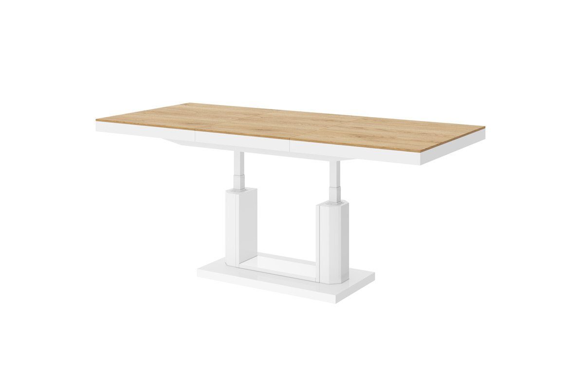 designimpex Couchtisch H-120 Eiche Natur-Weiß Hochglanz stufenlos höhenverstellbar ausziehbar
