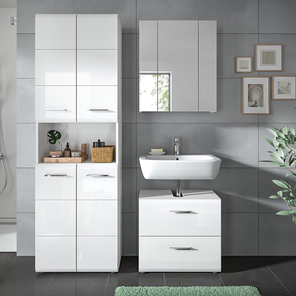 Lomadox Badmöbel-Set IGGESUND-158, (Spar-Set, 3-St., Hochschrank Spiegelschrank Waschbeckenunterschrank), in weiß mit weiß Hochglanz