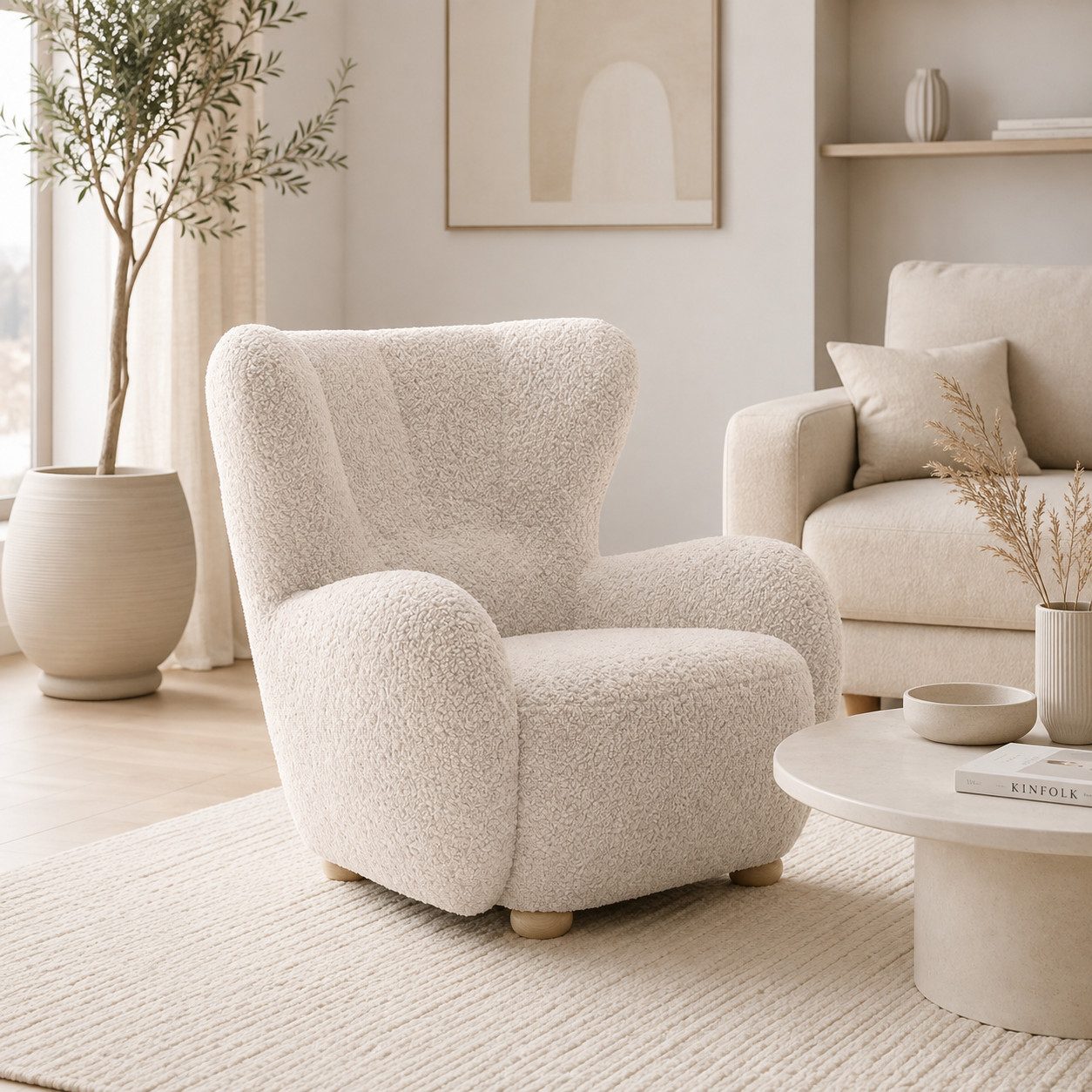 Goldstoff Sessel HUGSY Relaxsessel Boucle mit hoher Rückenlehne – Skandi & Boho Stil (Einzelsessel, Loungesessel), mit Relaxfunktion – Bild 2 von 5