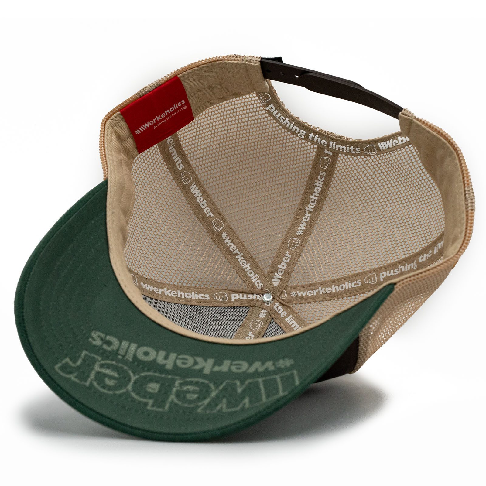Weber GmbH Trucker Cap Weber #Werkeholics Mesh Baseball Cap braun/beige/grün (1-St) basecap, mit bedrucktem Unterschirm