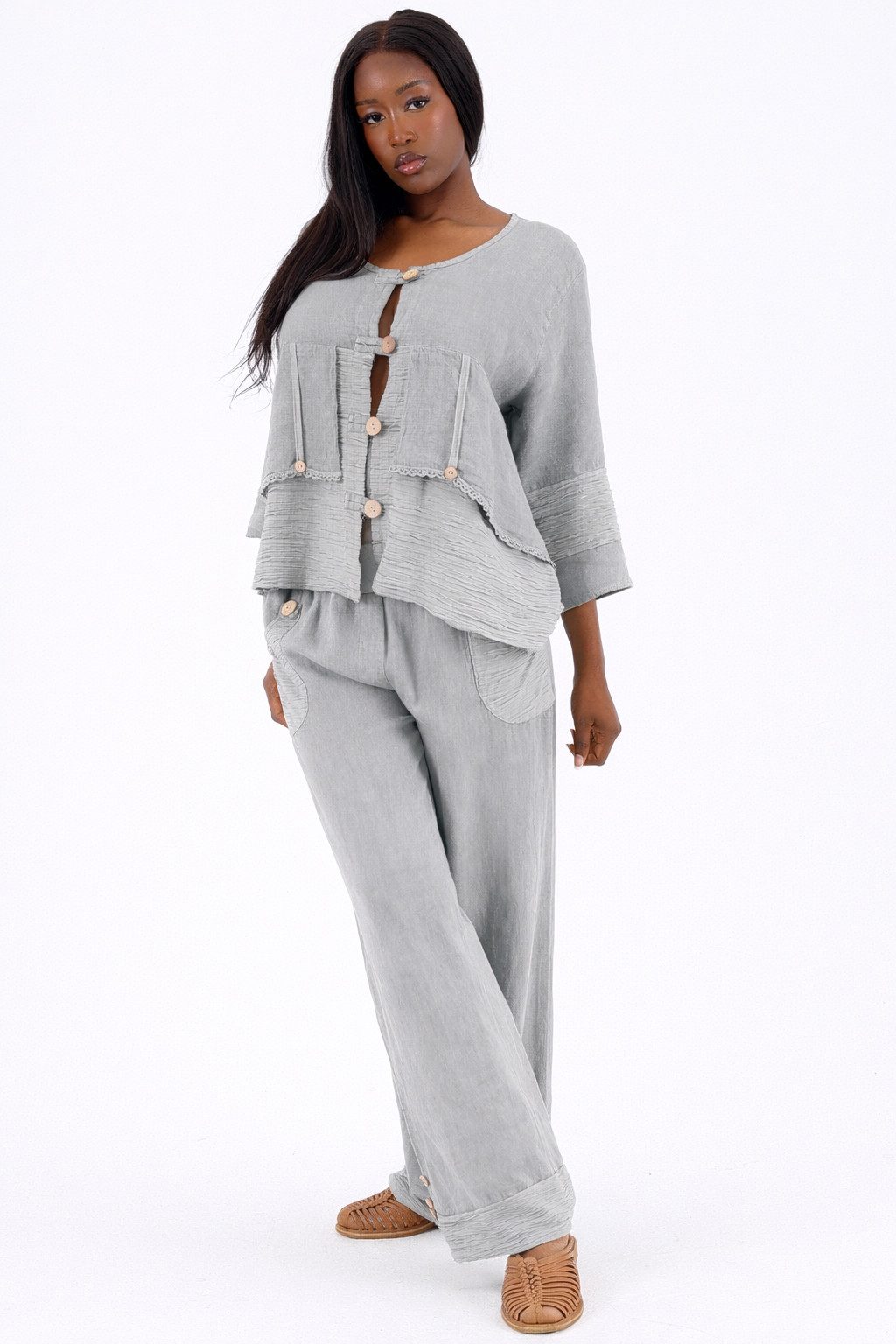 YC Fashion & Style Hosenanzug Boho Leinen-Zweiteiler aus 100 % Leinen mit Knopfdetails 2 teiliges Set