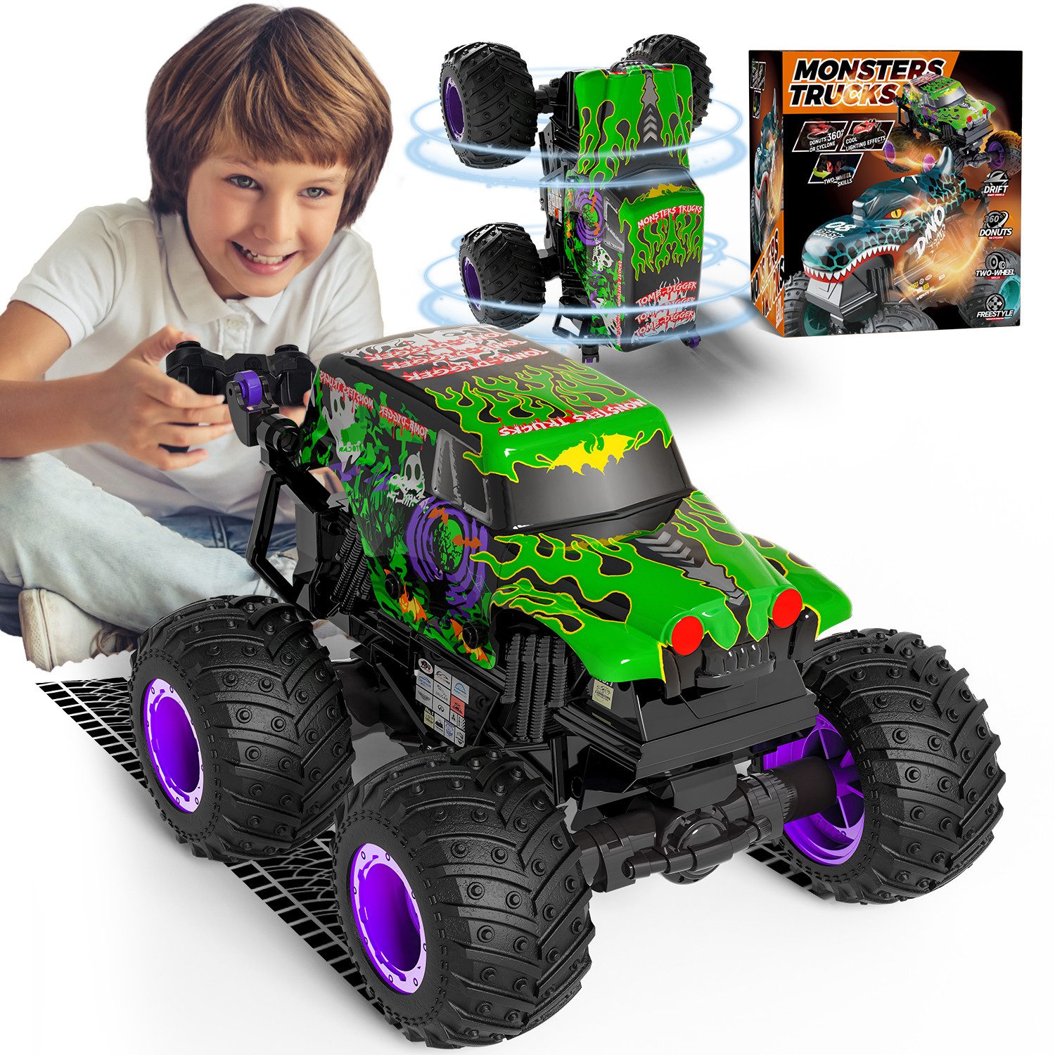 Esun RC-Auto Monstertruck Ferngesteuert, 20KM/H Tomb Digger Monster Truck mit Licht (1/20 RC Monstertruck mit 100MIN, Cool Geschenk 3 4 6 8 Jahre Junge), 1/20 RC Monstertruck mit 100MIN, Cool Geschenk 4WD