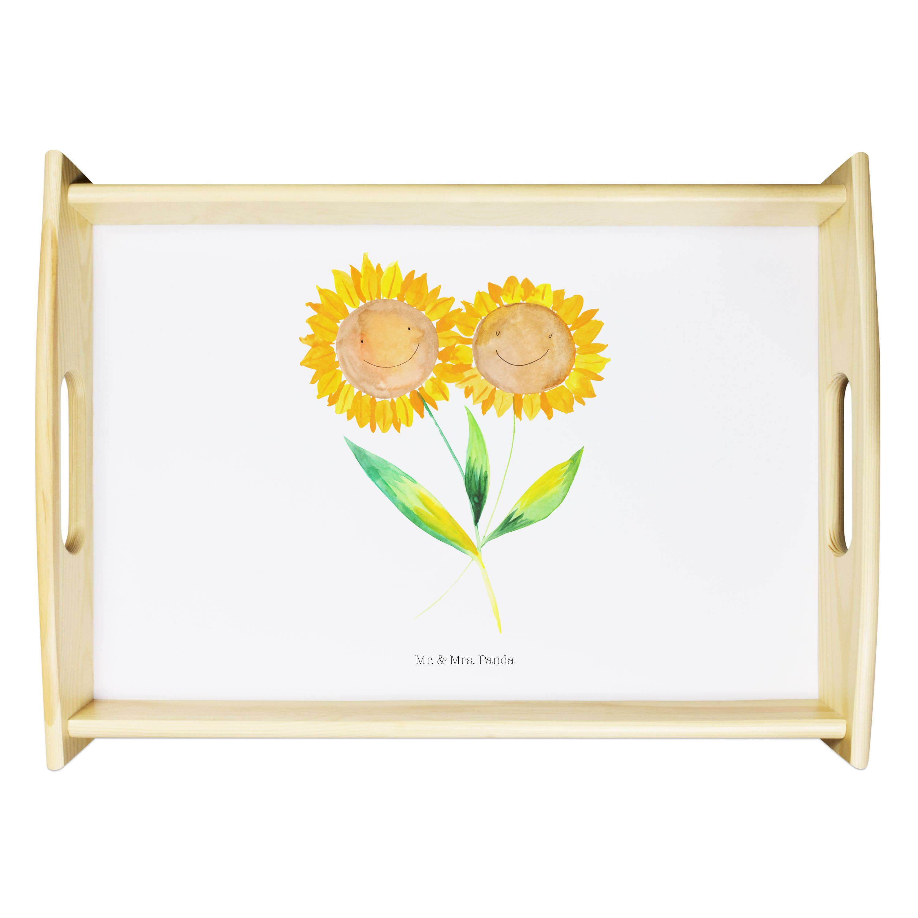 Mr. & Mrs. Panda Tablett Sonnenblume - Weiß - Geschenk, Frühlings Deko, Dekotablett, Sommer De, Echtholz lasiert, (1-tlg)