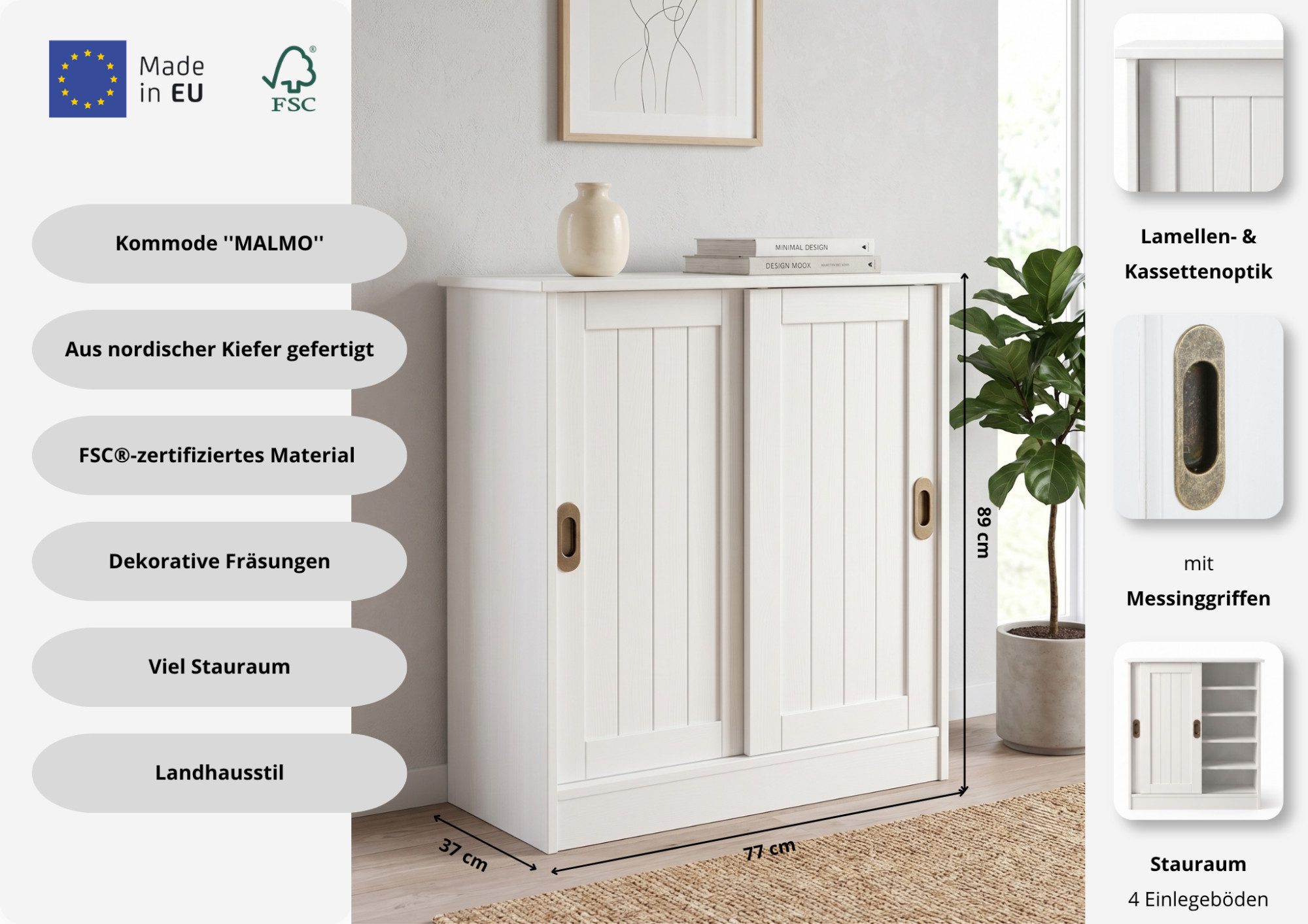 OTTO home Schuhschrank Malmö Schuhkommode mit Schiebetüren (B/T/H: 77/37/89 cm) aus massiver FSC®-zertifizierter Kiefer, Breite 77 cm