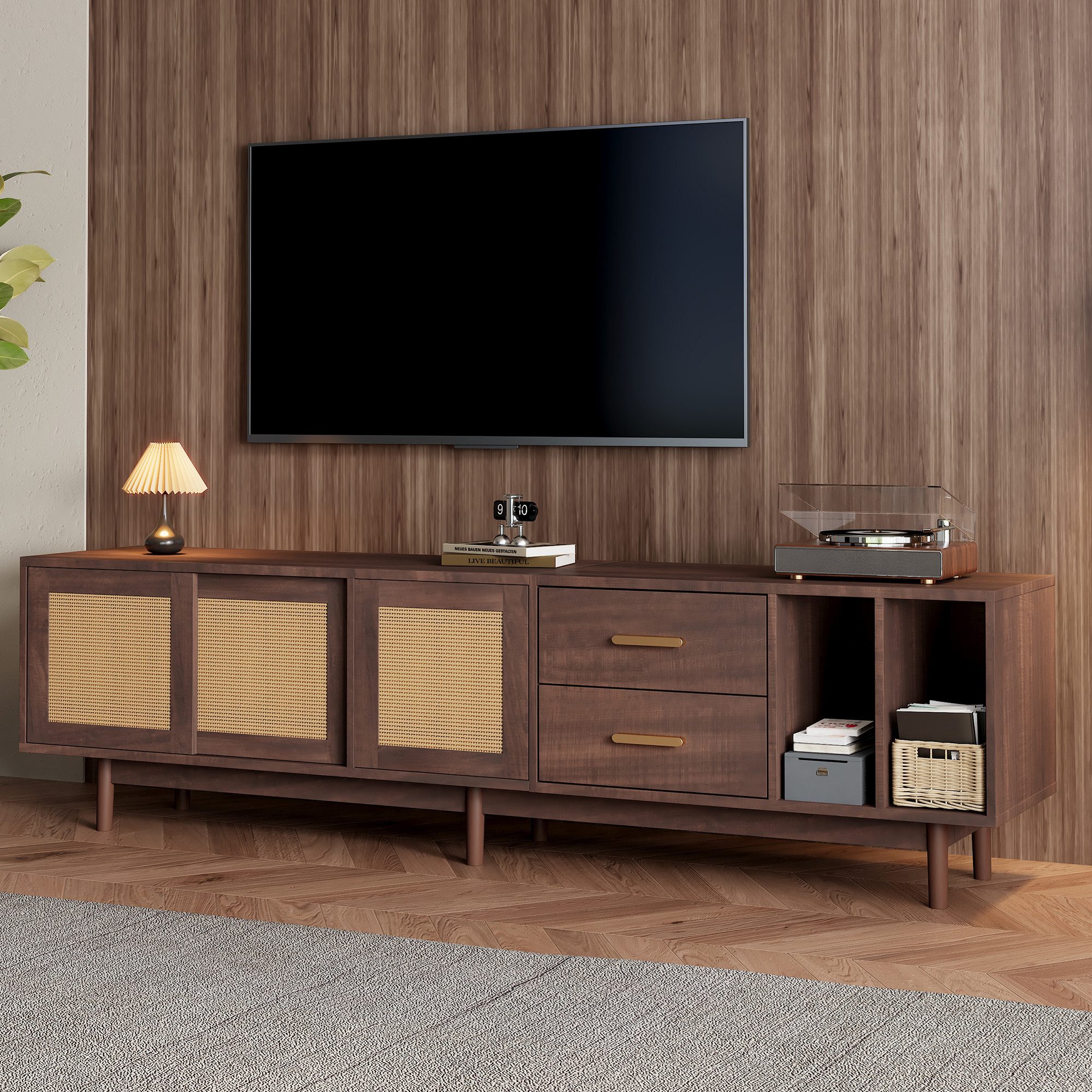 Merax Lowboard Rattan Fernsehtisch (1 St), TV-Schrank mit Rattan-Schiebetüren,Schubladen & 6 Holzbeinen,B:190cm