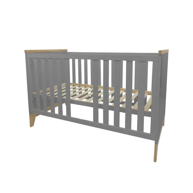 Puckdaddy GmbH Babybett Ida (140x70cm) in Grau, mit herausnehmbaren Sprossen, grau und natur