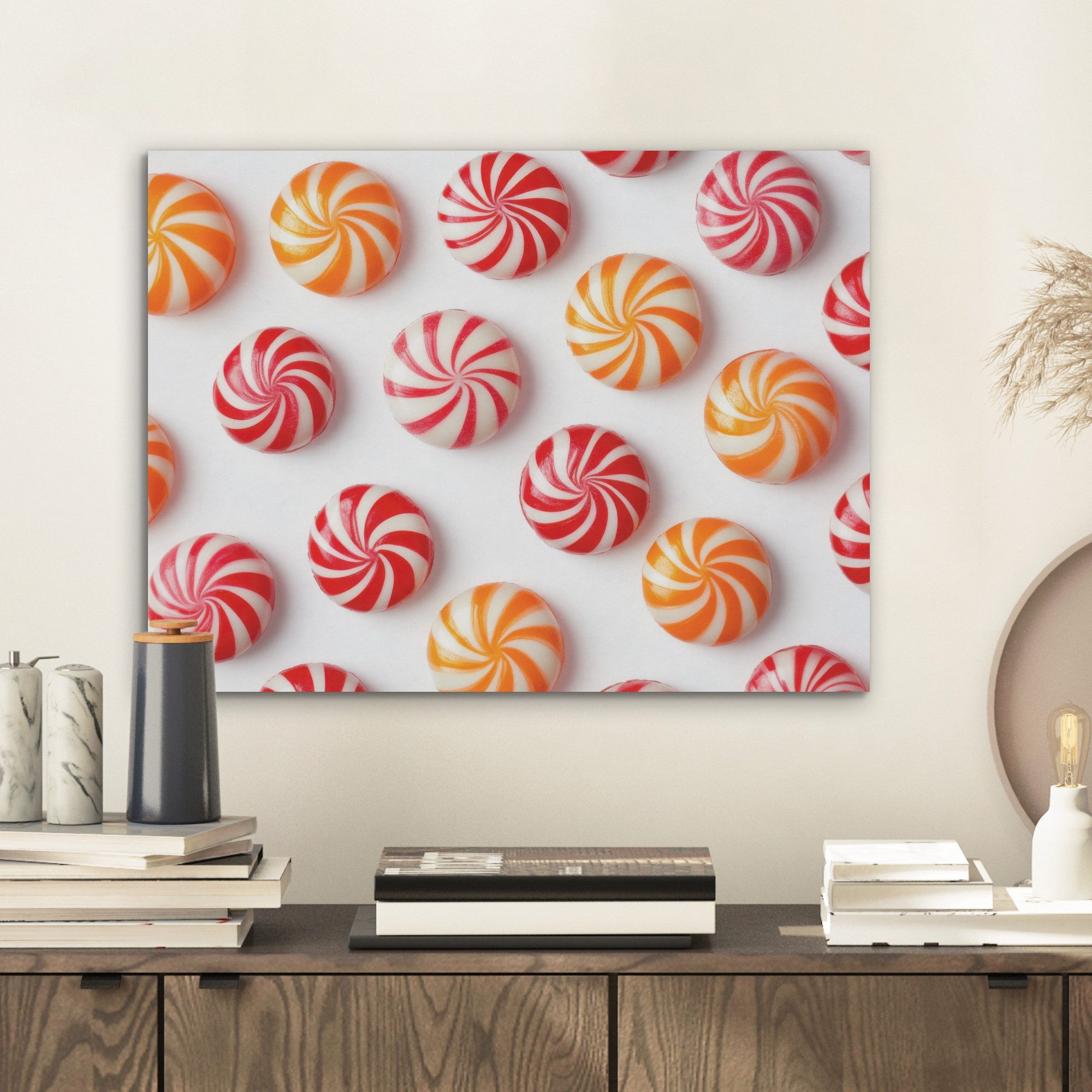 MuchoWow Gemälde Süßigkeiten - Muster - Rot - Orange, Fotodruck (1 St), Akustikpaneele PET-Filz, Akustikbild, Schalldämmung, Deko 40x30 cm