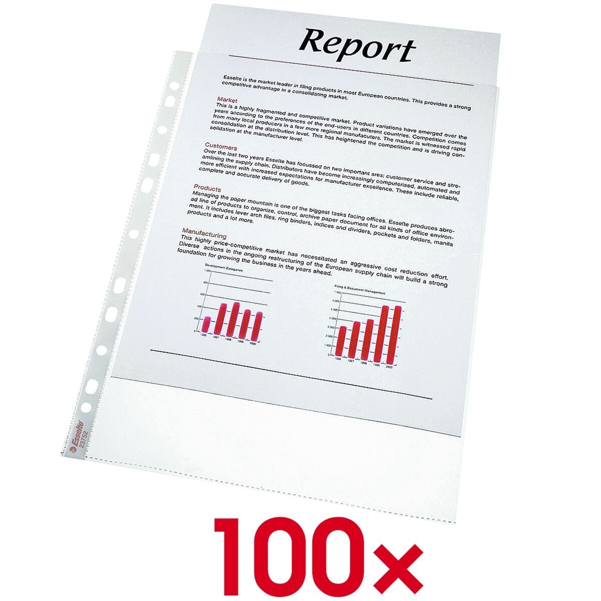 ESSELTE Prospekthülle Standard Plus, 100 Stück, genarbt, Format A4, Universallochung, oben / seitlich offen