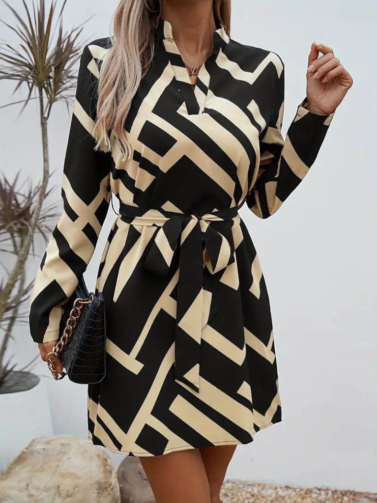 Moda Yakamoz Midikleid JANE'S Damen Langarm V-Ausschnitt Muster Taillengürtel Tauchkleid