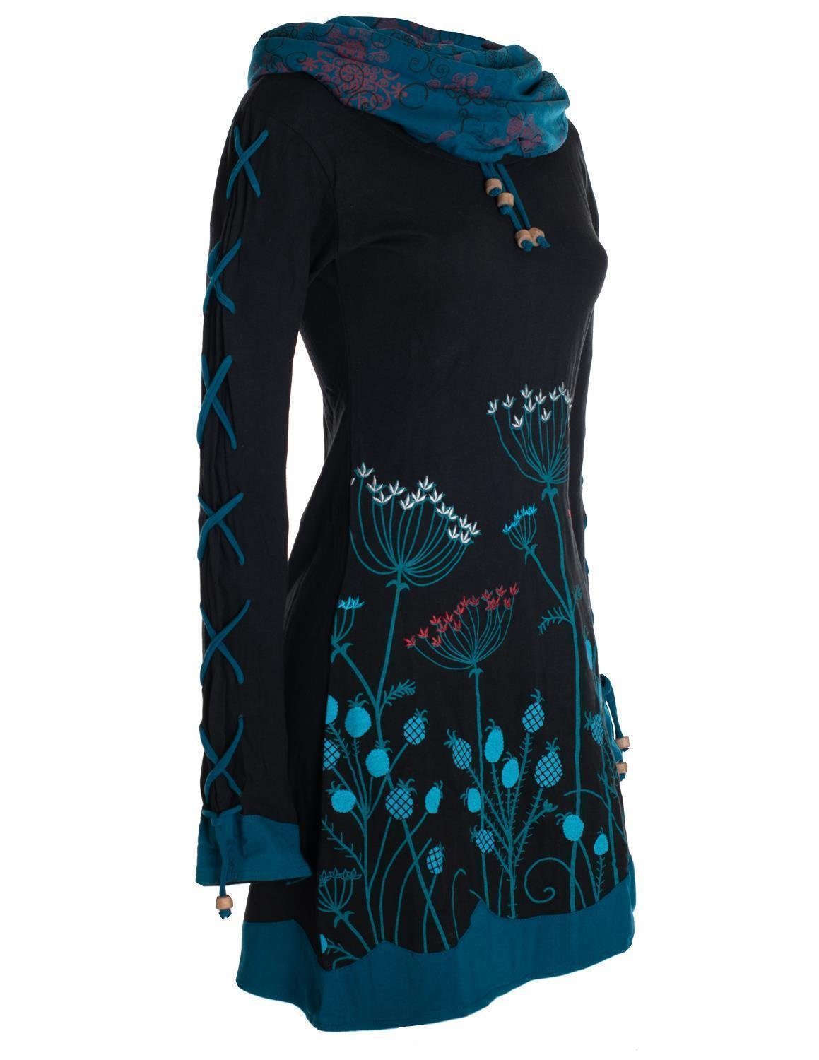 Vishes Jerseykleid Blumenkleid Langarm-Shirtkleid mit Schalkragen Hippie, Boho, Elfen Style