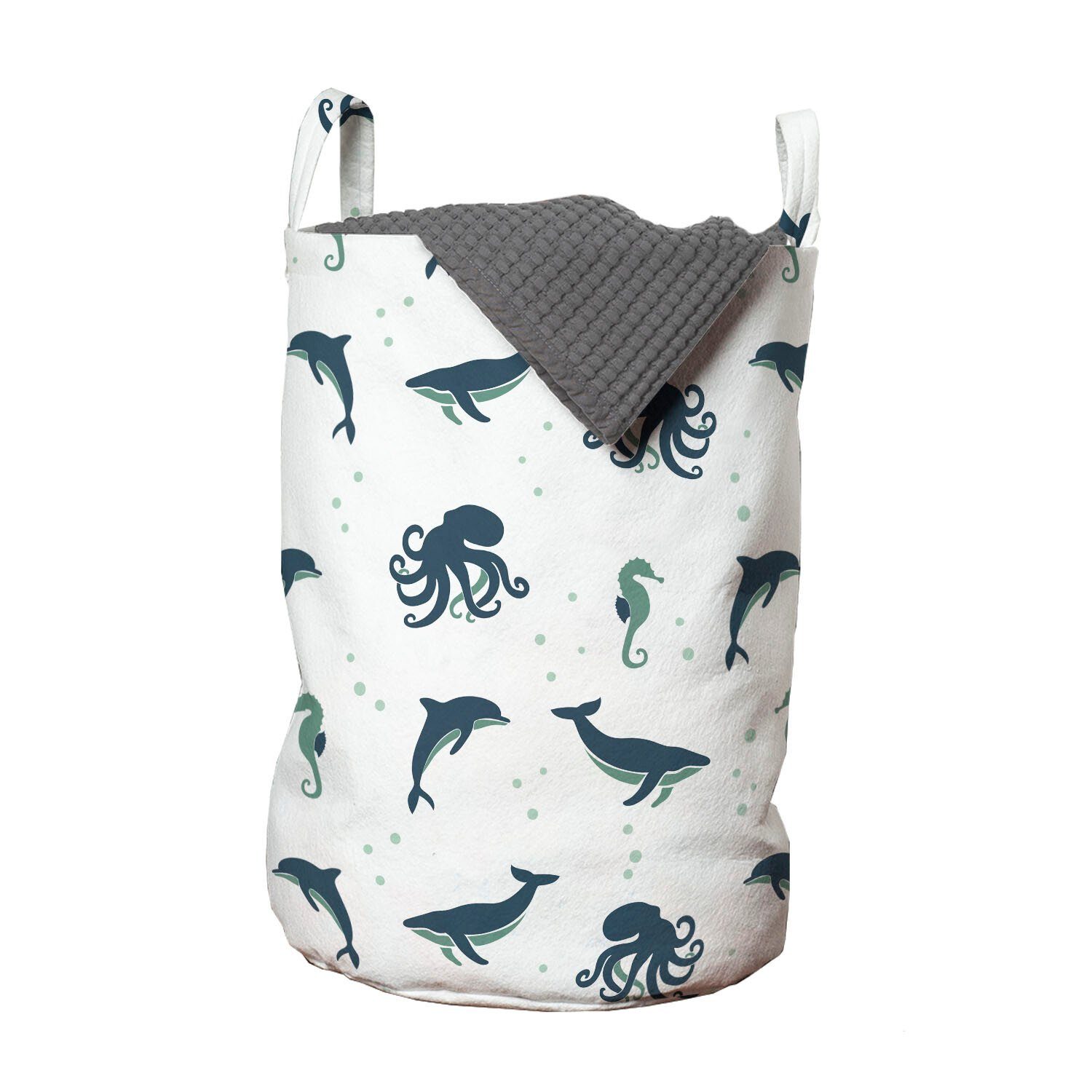 Abakuhaus Wäschesäckchen Wäschekorb mit Griffen Kordelzugverschluss für Waschsalons, Marine Dolphin Whale Octopus Sea