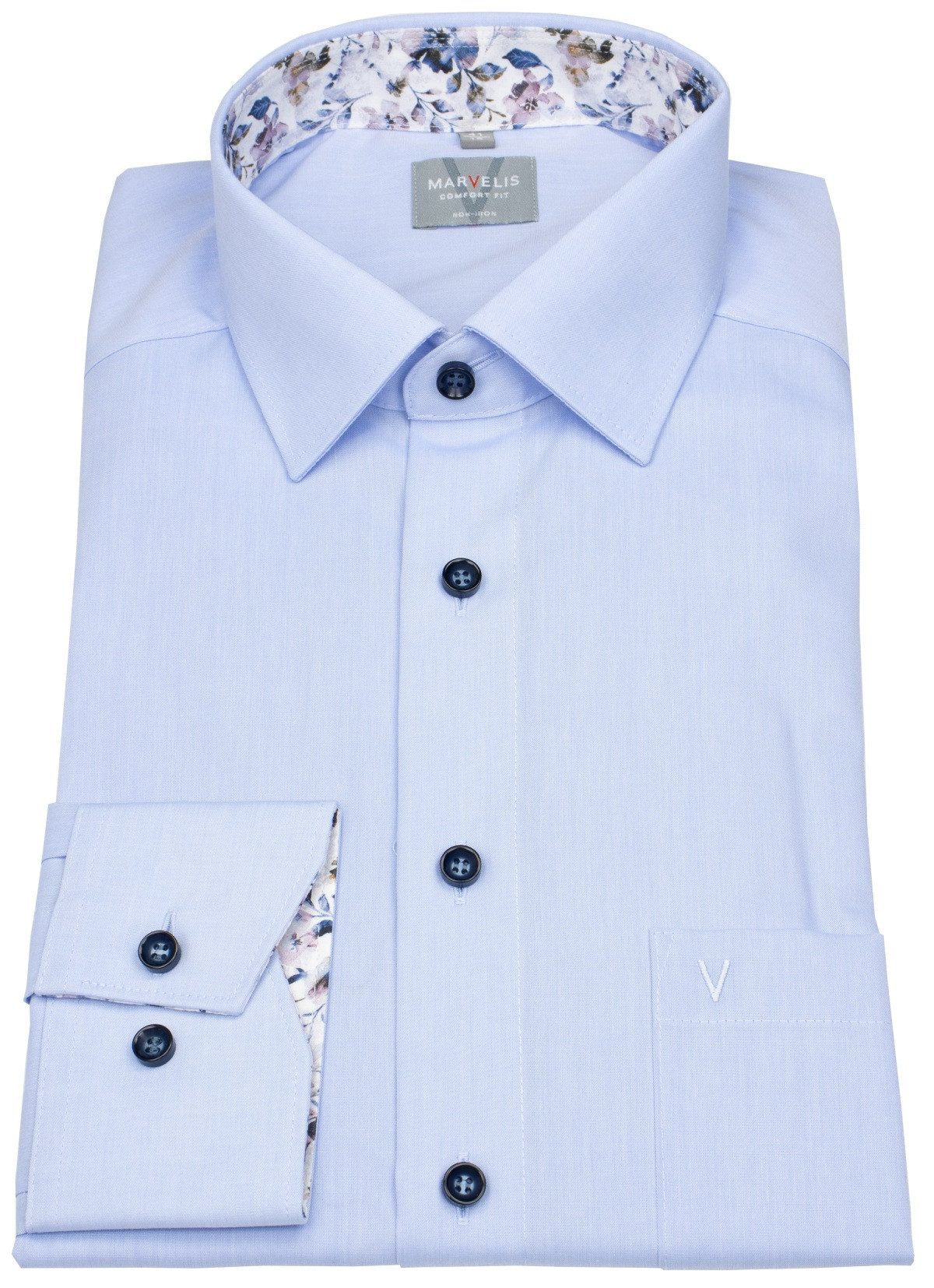 MARVELIS Businesshemd Comfort Fit bügelfrei Kentkragen Kontrastknöpfe günstig online kaufen