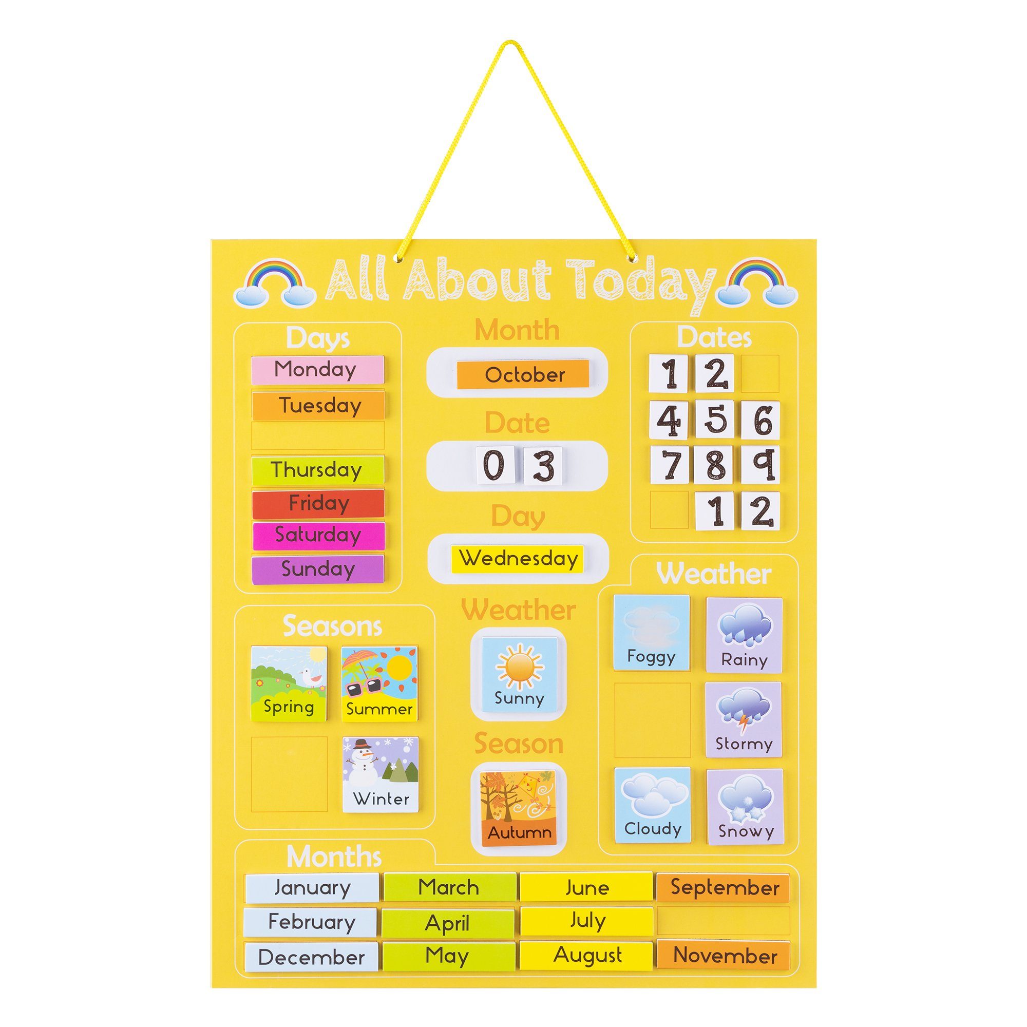 Magnettafel Kinderkalender - Lerntafel Uhr/Jahreszeiten - Gelb - Englisch